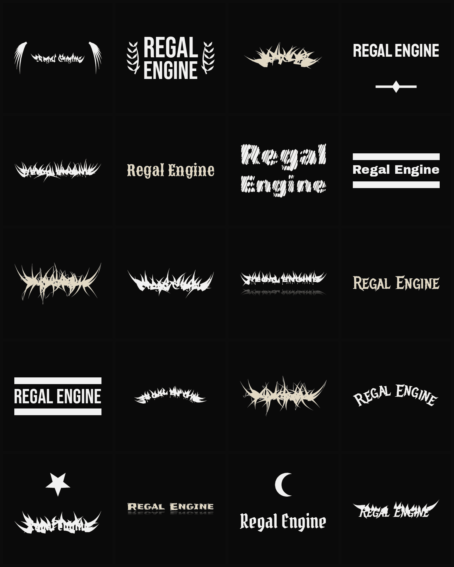 Twenty Regal Engine band logo ideas — different faces, treatments and spike settings