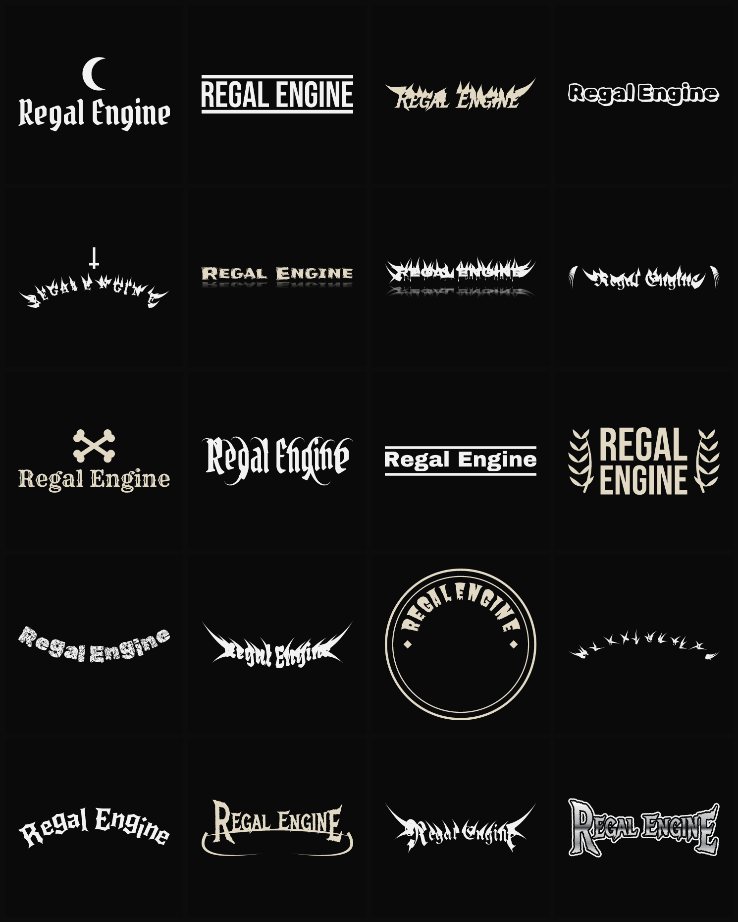 Twenty Regal Engine band logo ideas — different faces, treatments and spike settings