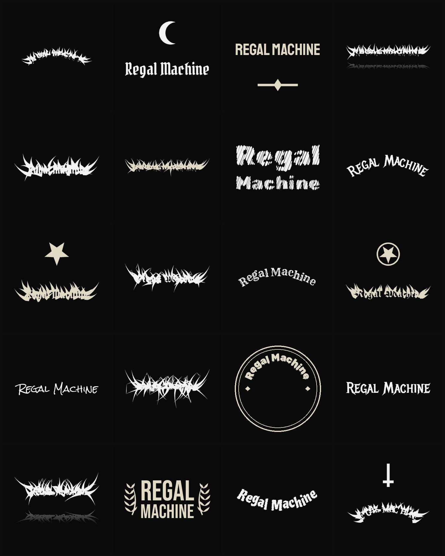 Twenty Regal Machine band logo ideas — different faces, treatments and spike settings