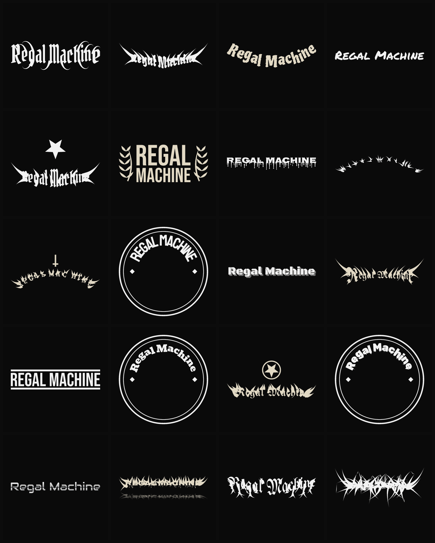 Twenty Regal Machine band logo ideas — different faces, treatments and spike settings