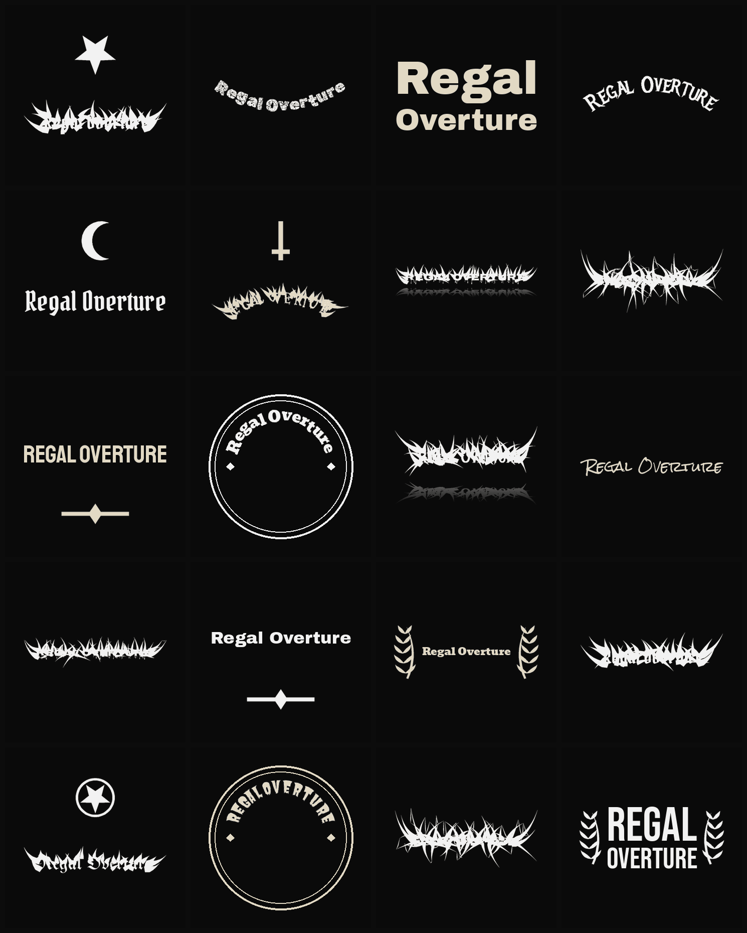 Twenty Regal Overture band logo ideas — different faces, treatments and spike settings