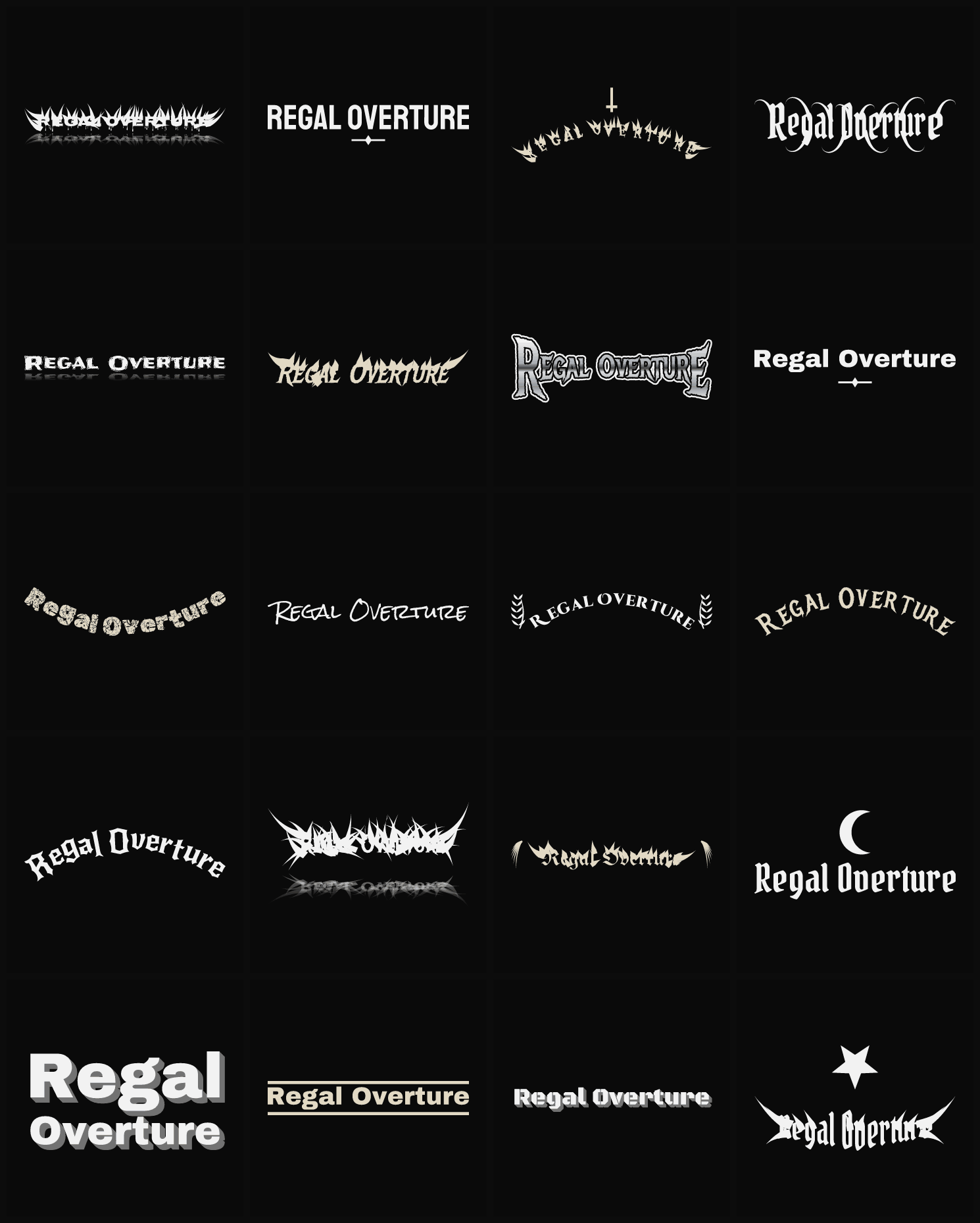 Twenty Regal Overture band logo ideas — different faces, treatments and spike settings