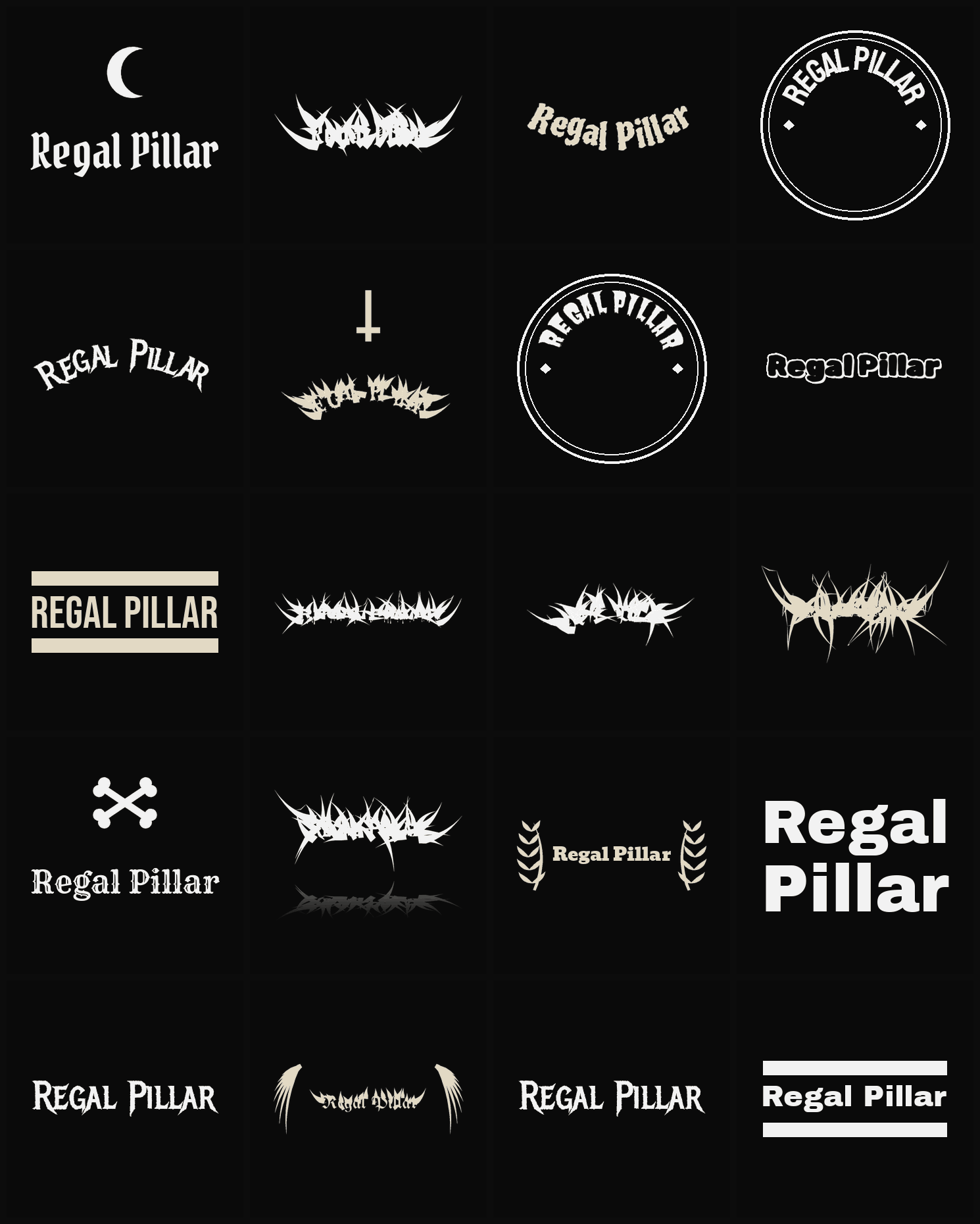 Twenty Regal Pillar band logo ideas — different faces, treatments and spike settings