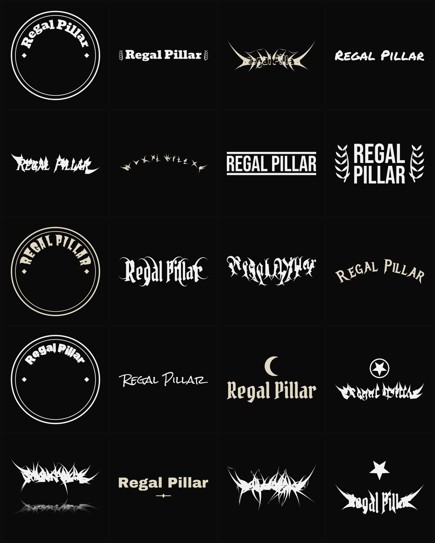 Twenty Regal Pillar band logo ideas — different faces, treatments and spike settings
