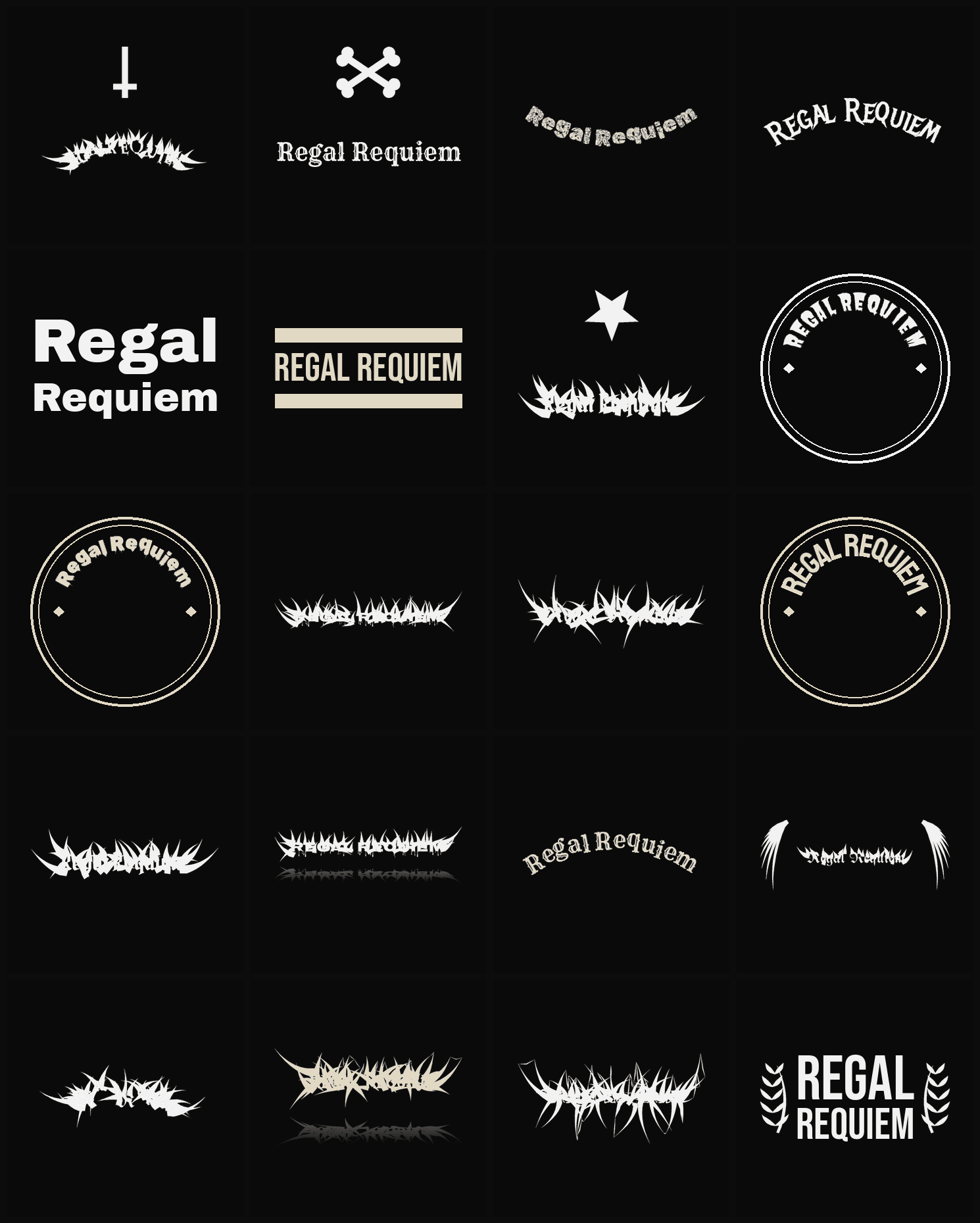 Twenty Regal Requiem band logo ideas — different faces, treatments and spike settings
