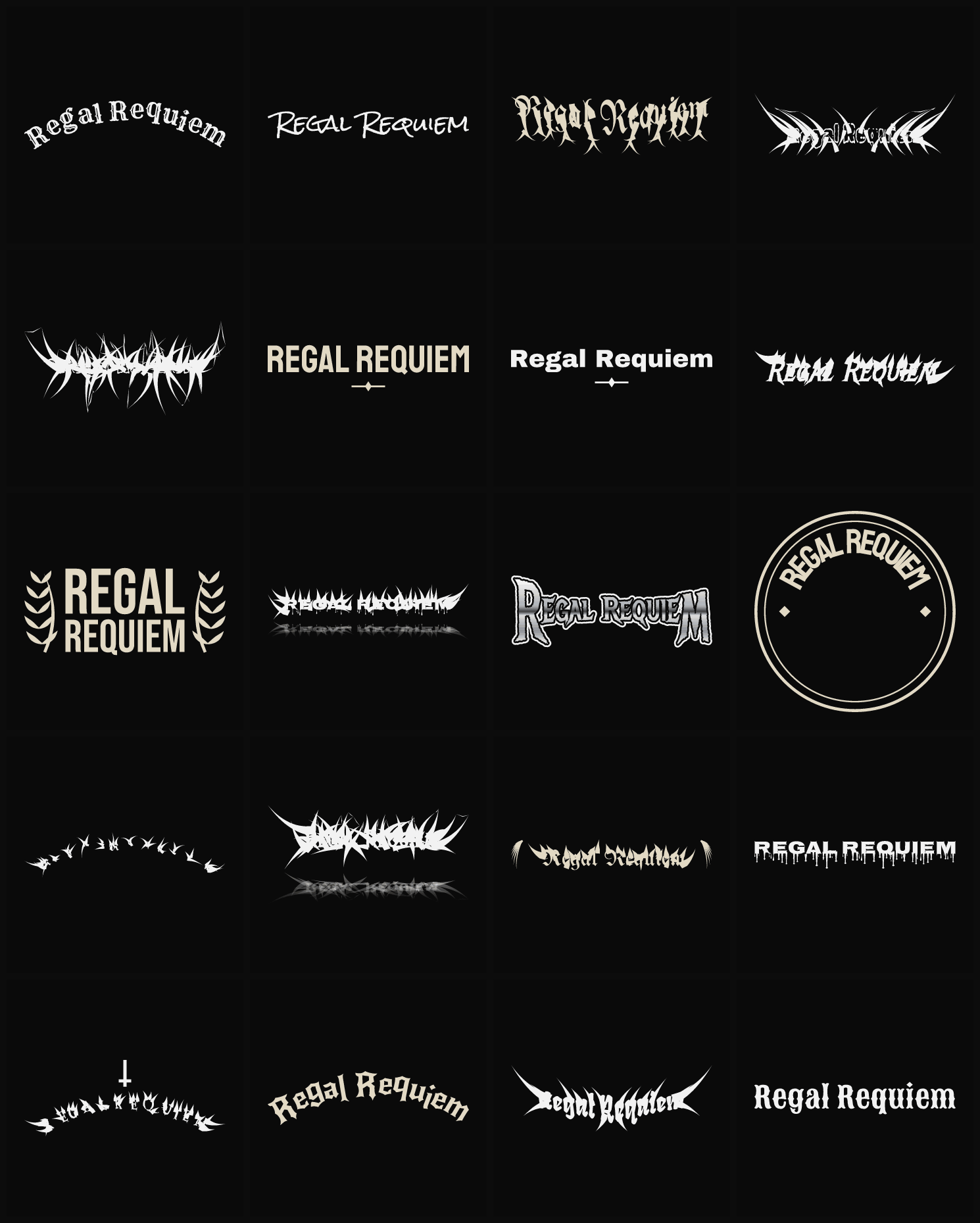 Twenty Regal Requiem band logo ideas — different faces, treatments and spike settings