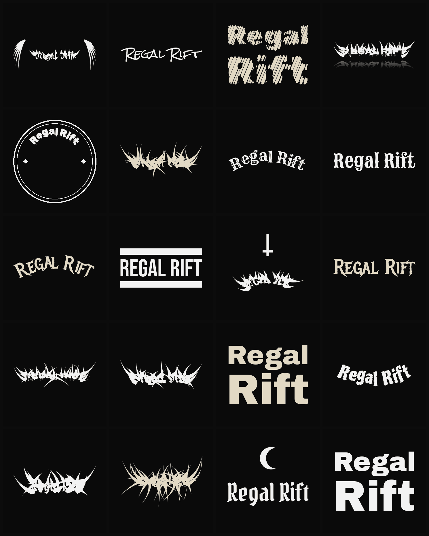 Twenty Regal Rift band logo ideas — different faces, treatments and spike settings