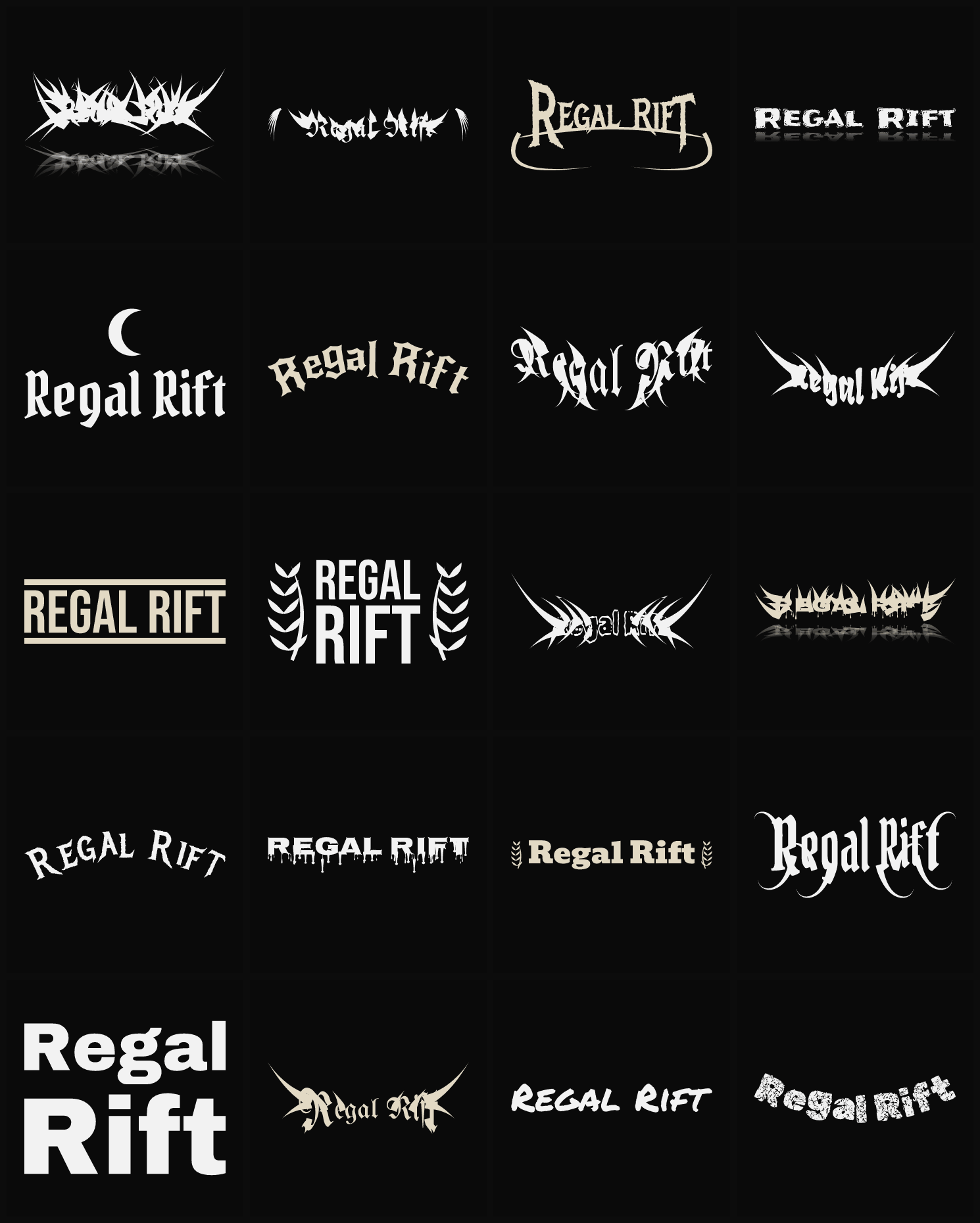 Twenty Regal Rift band logo ideas — different faces, treatments and spike settings