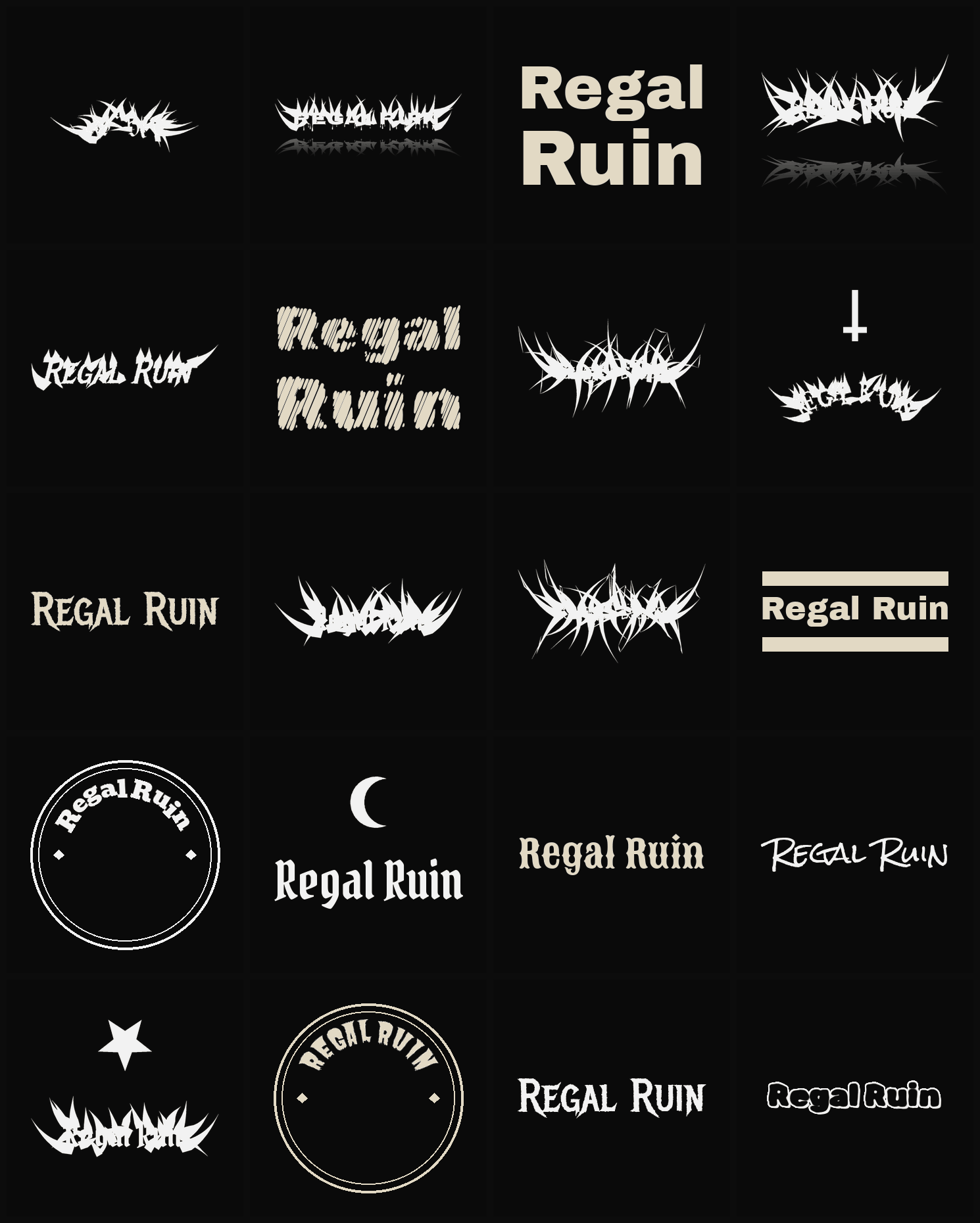 Twenty Regal Ruin band logo ideas — different faces, treatments and spike settings