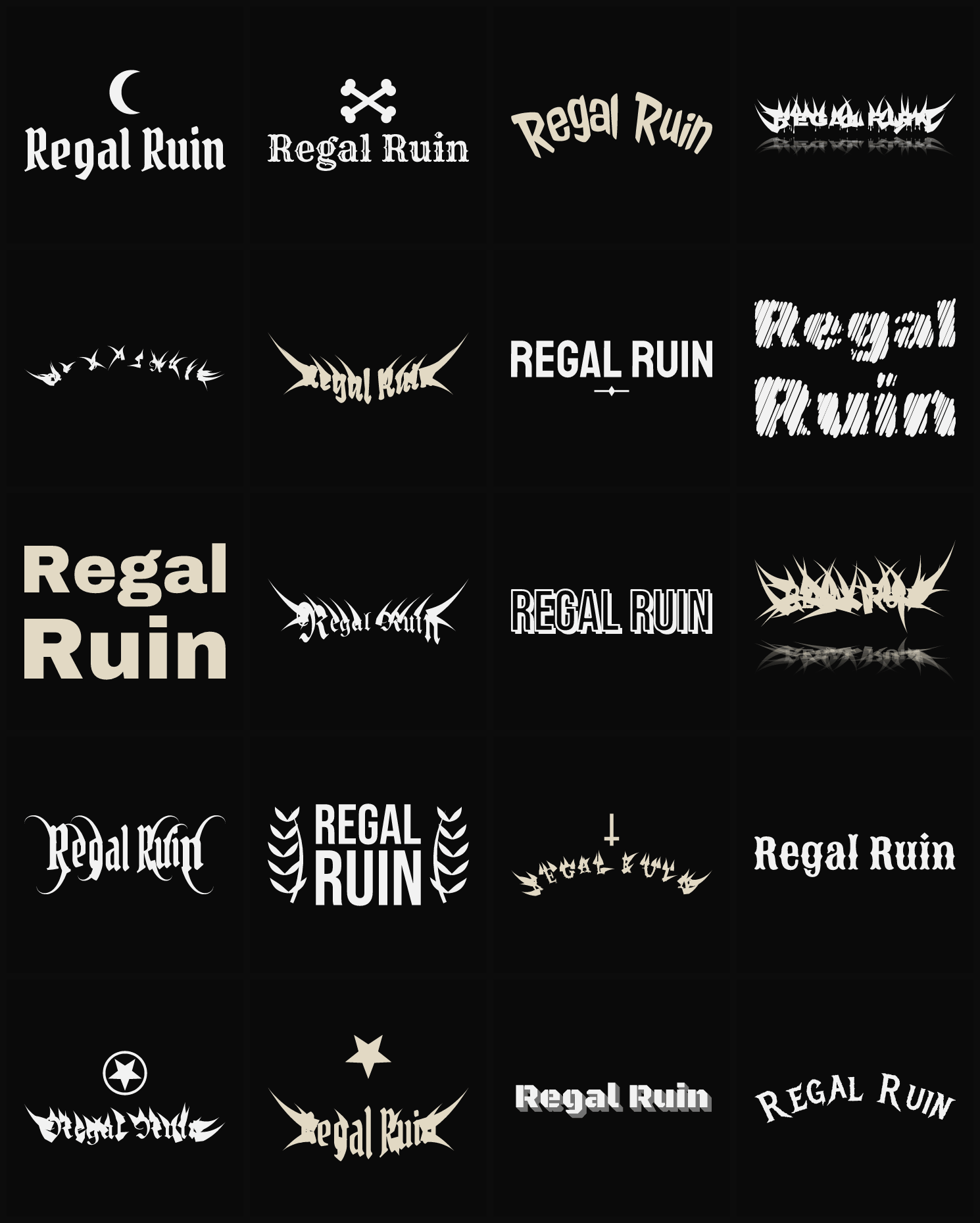 Twenty Regal Ruin band logo ideas — different faces, treatments and spike settings