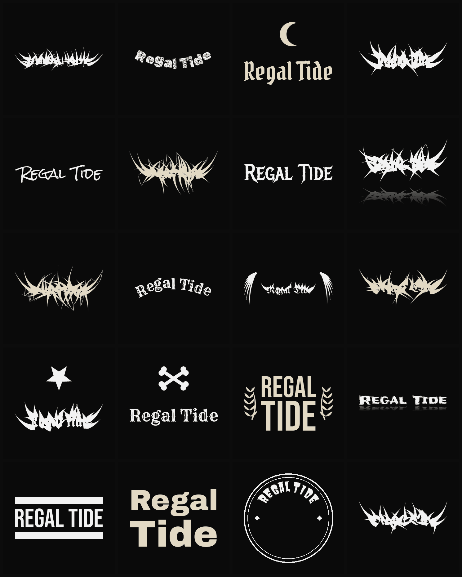 Twenty Regal Tide band logo ideas — different faces, treatments and spike settings