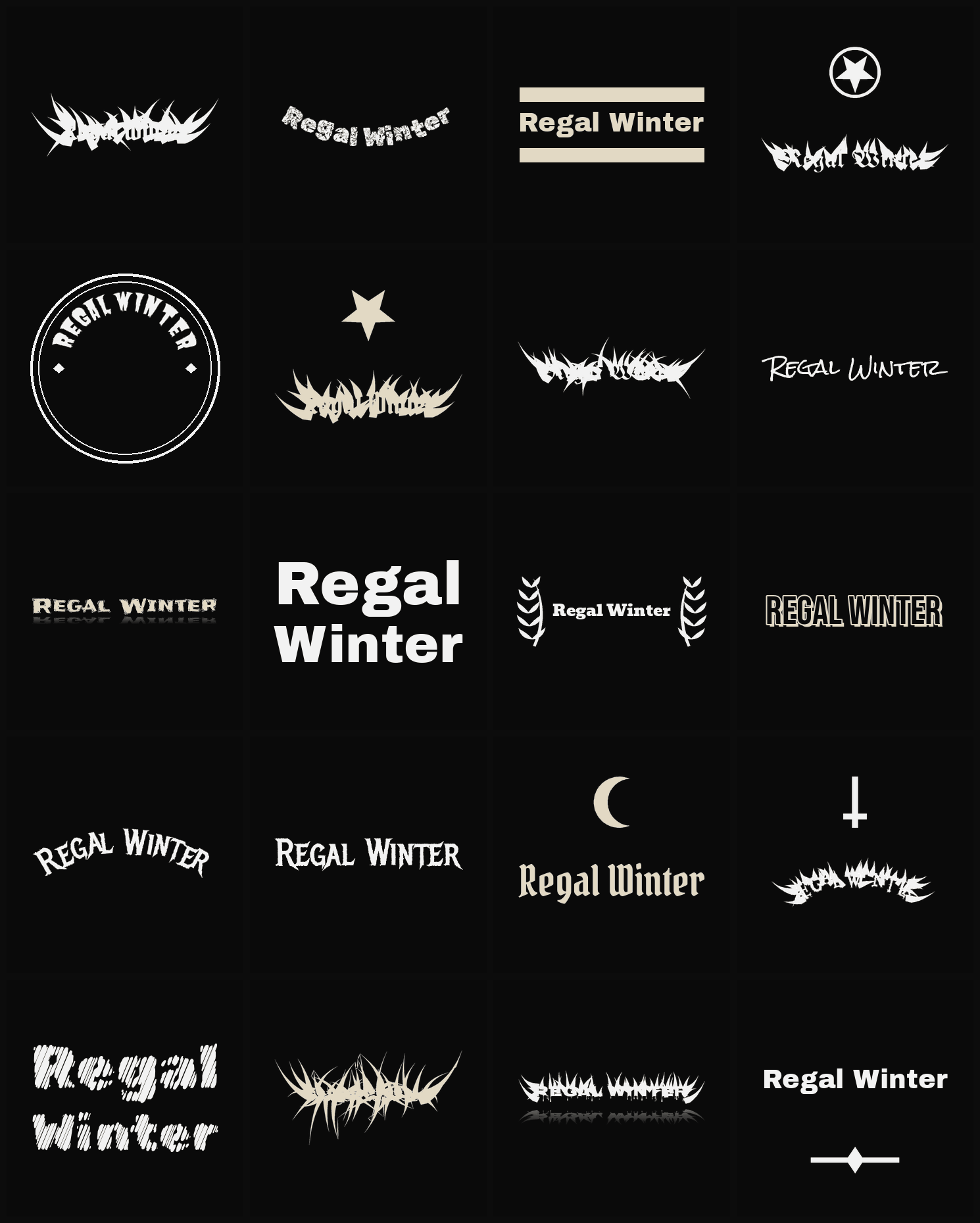 Twenty Regal Winter band logo ideas — different faces, treatments and spike settings