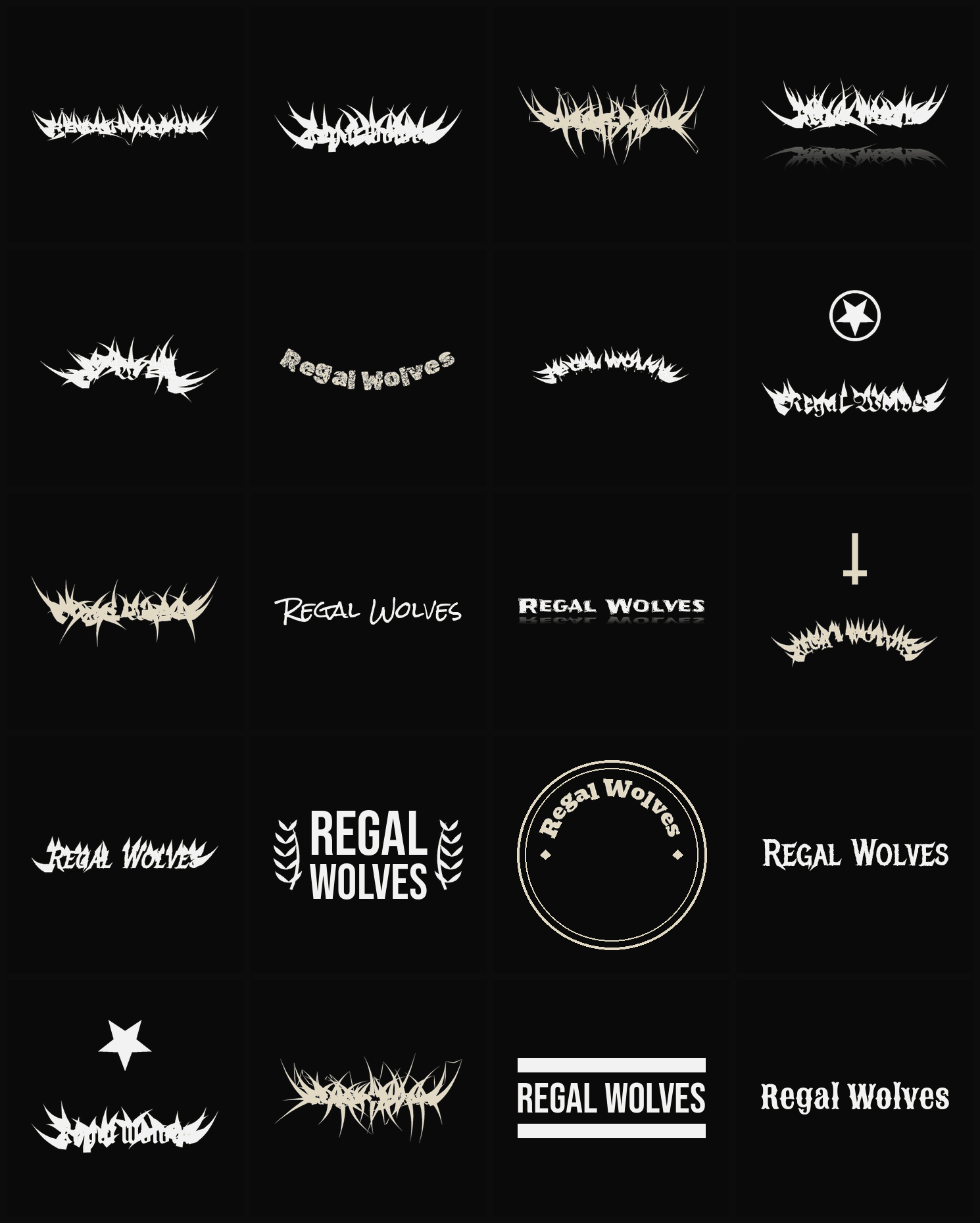 Twenty Regal Wolves band logo ideas — different faces, treatments and spike settings