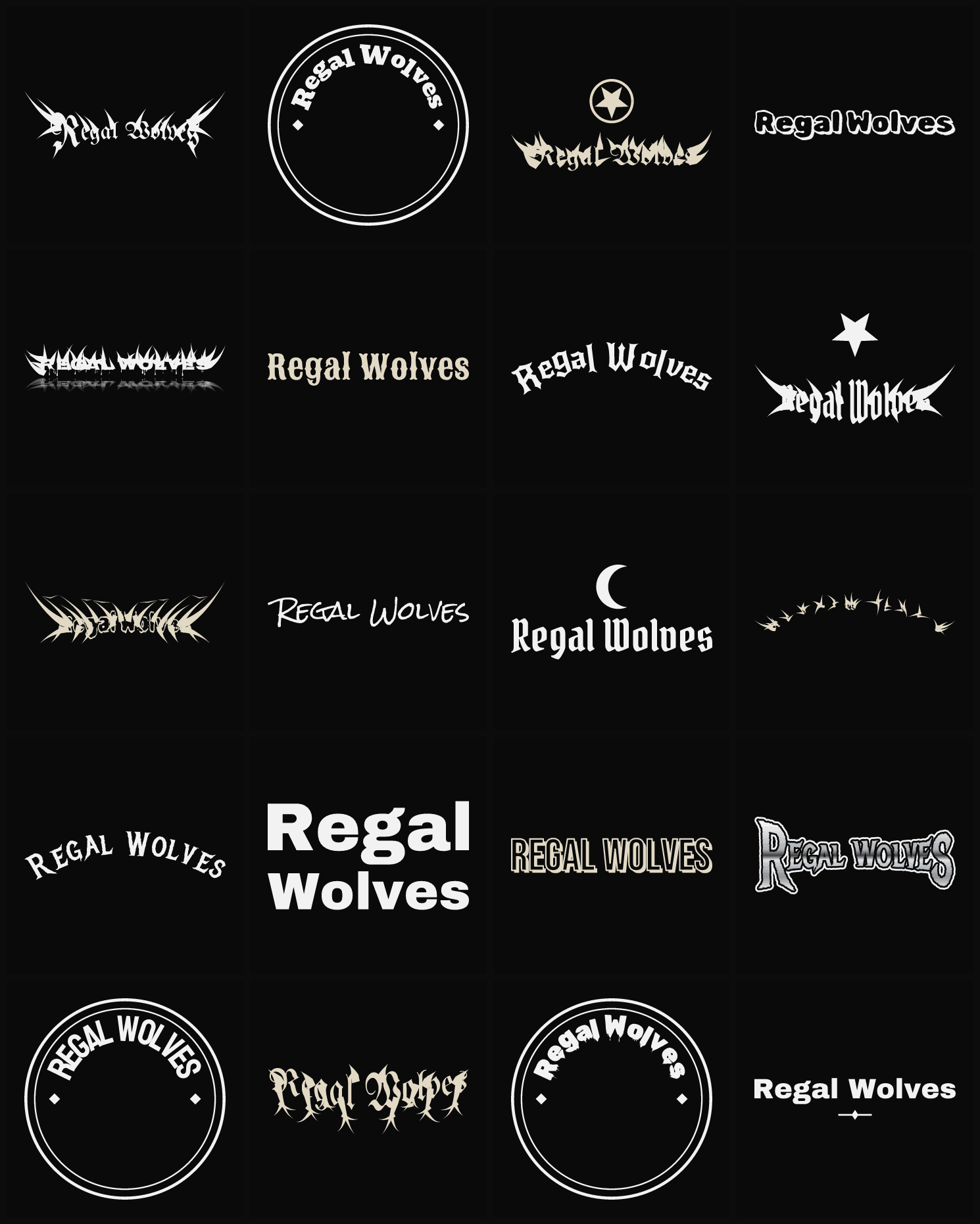 Twenty Regal Wolves band logo ideas — different faces, treatments and spike settings