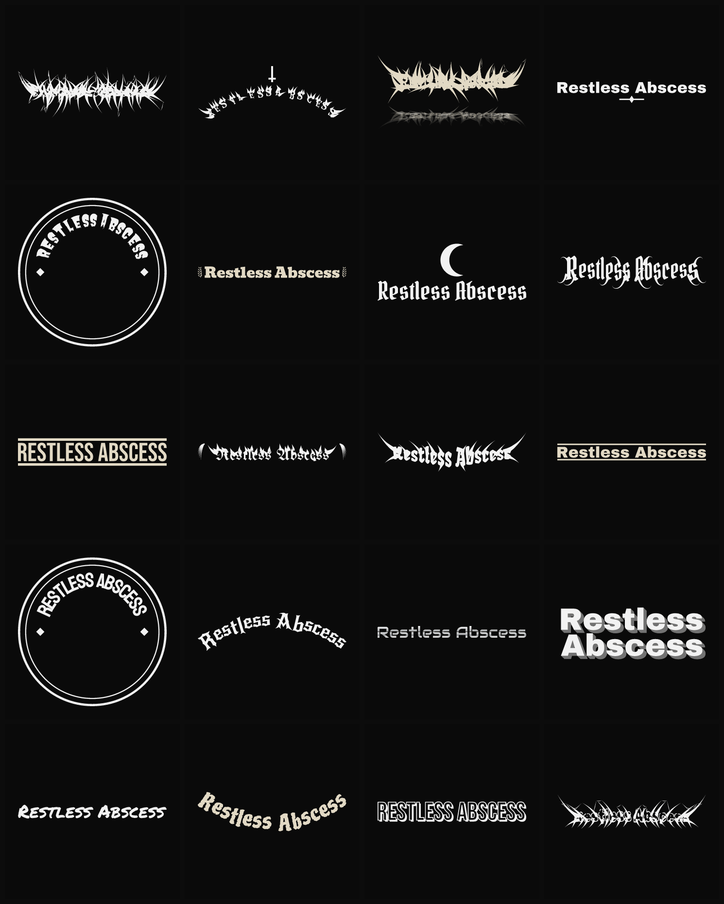 Twenty Restless Abscess band logo ideas — different faces, treatments and spike settings