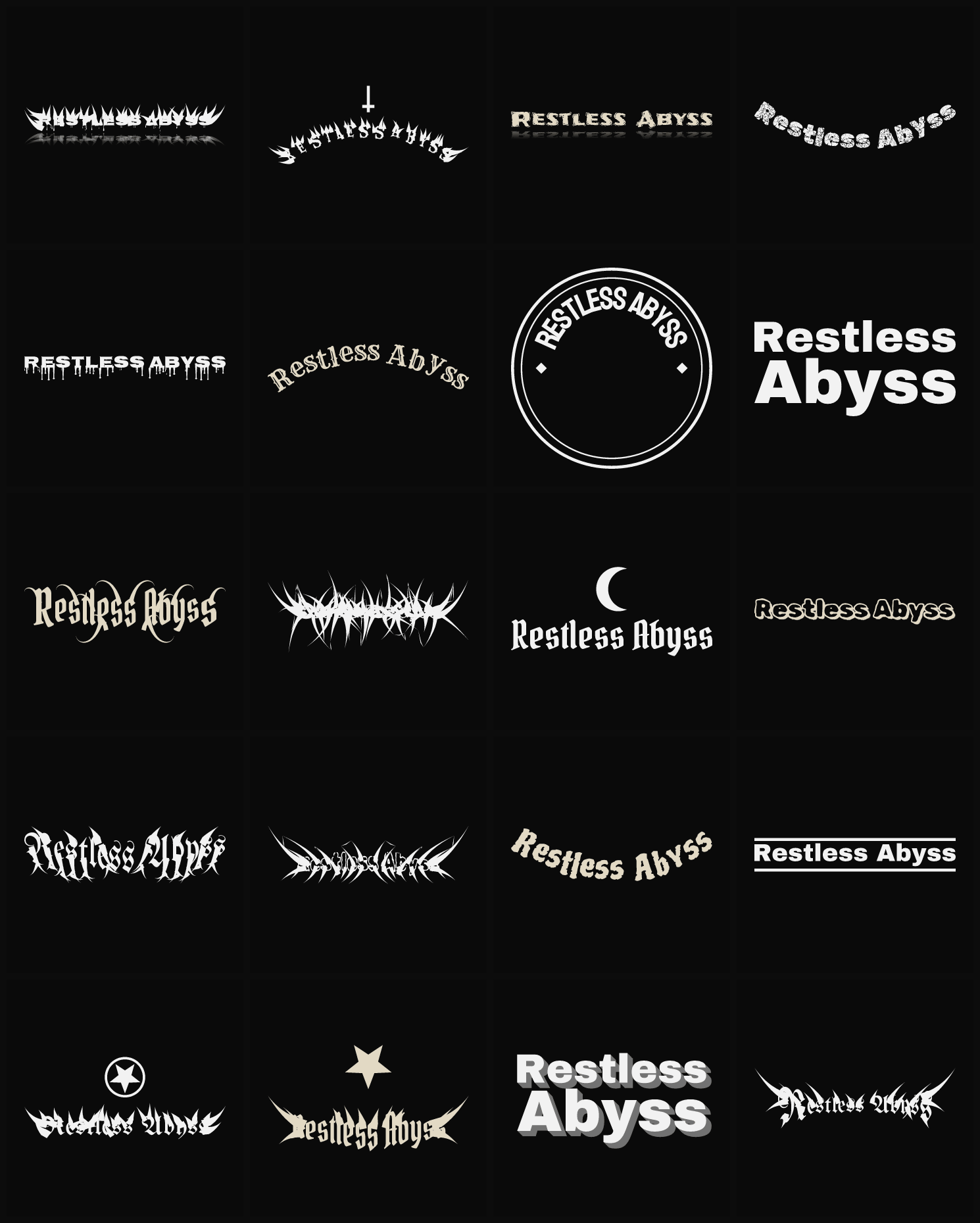 Twenty Restless Abyss band logo ideas — different faces, treatments and spike settings
