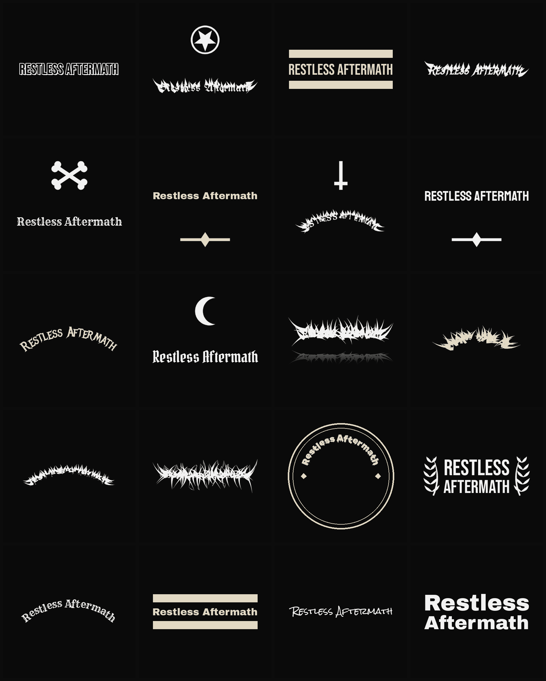 Twenty Restless Aftermath band logo ideas — different faces, treatments and spike settings