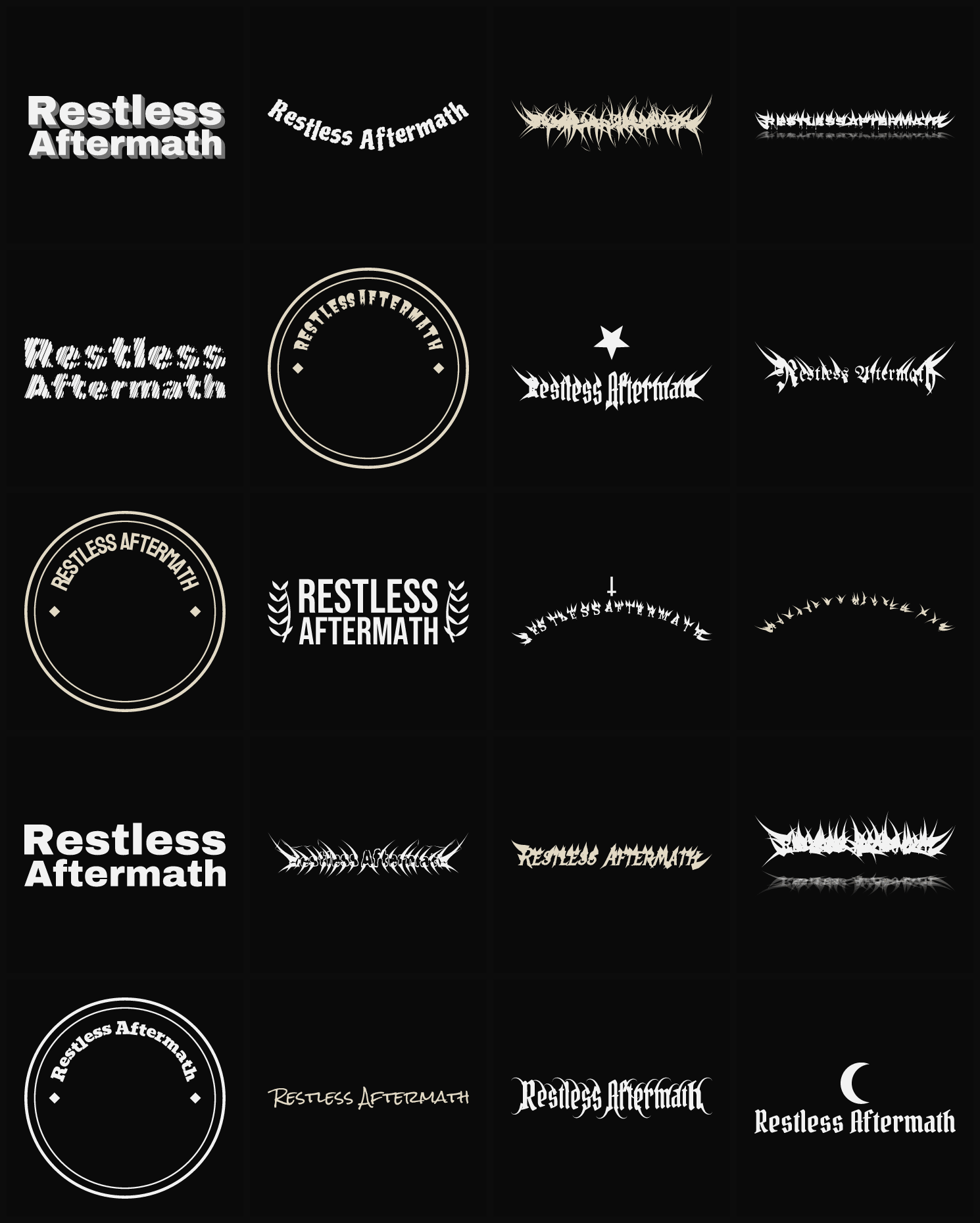 Twenty Restless Aftermath band logo ideas — different faces, treatments and spike settings