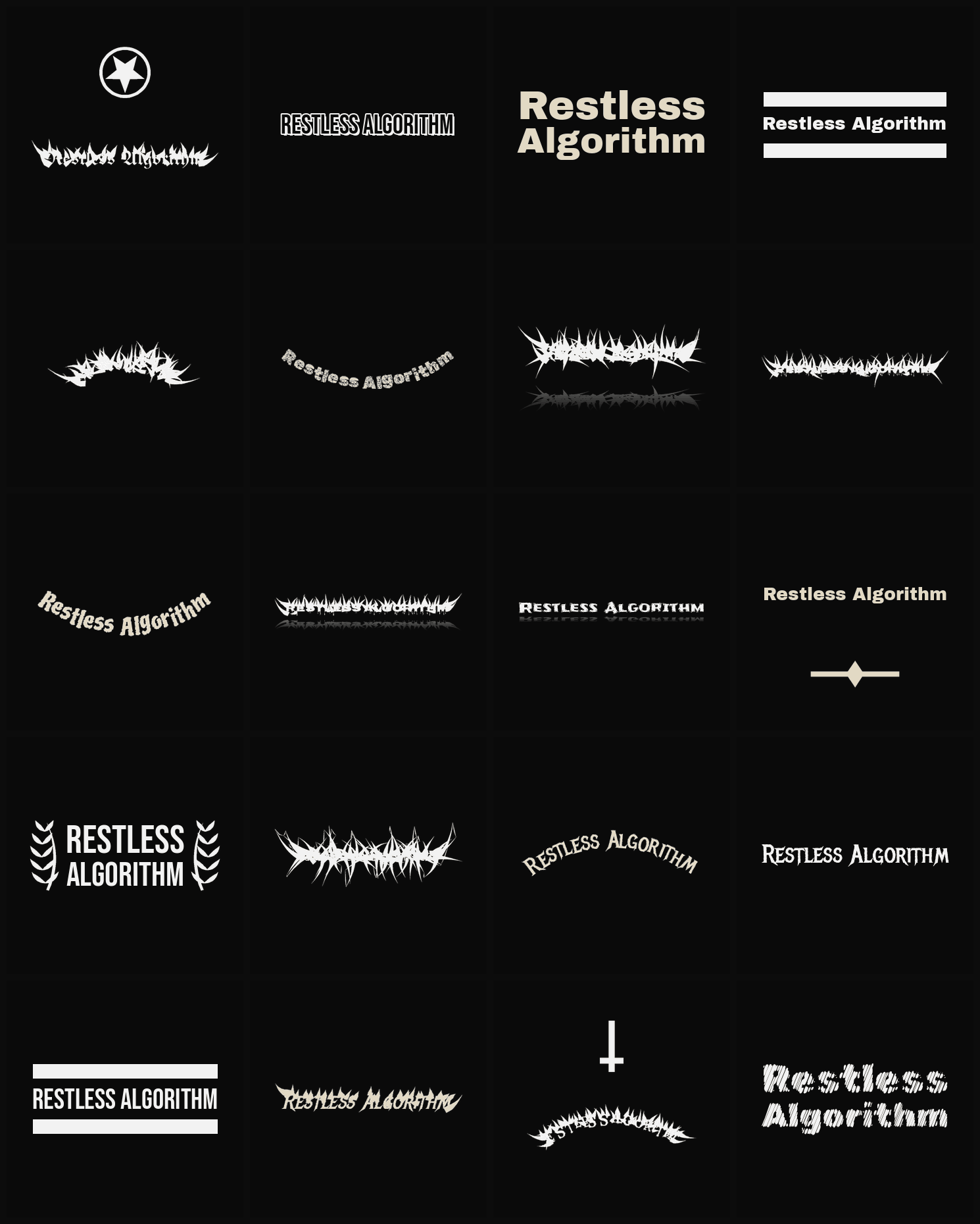 Twenty Restless Algorithm band logo ideas — different faces, treatments and spike settings