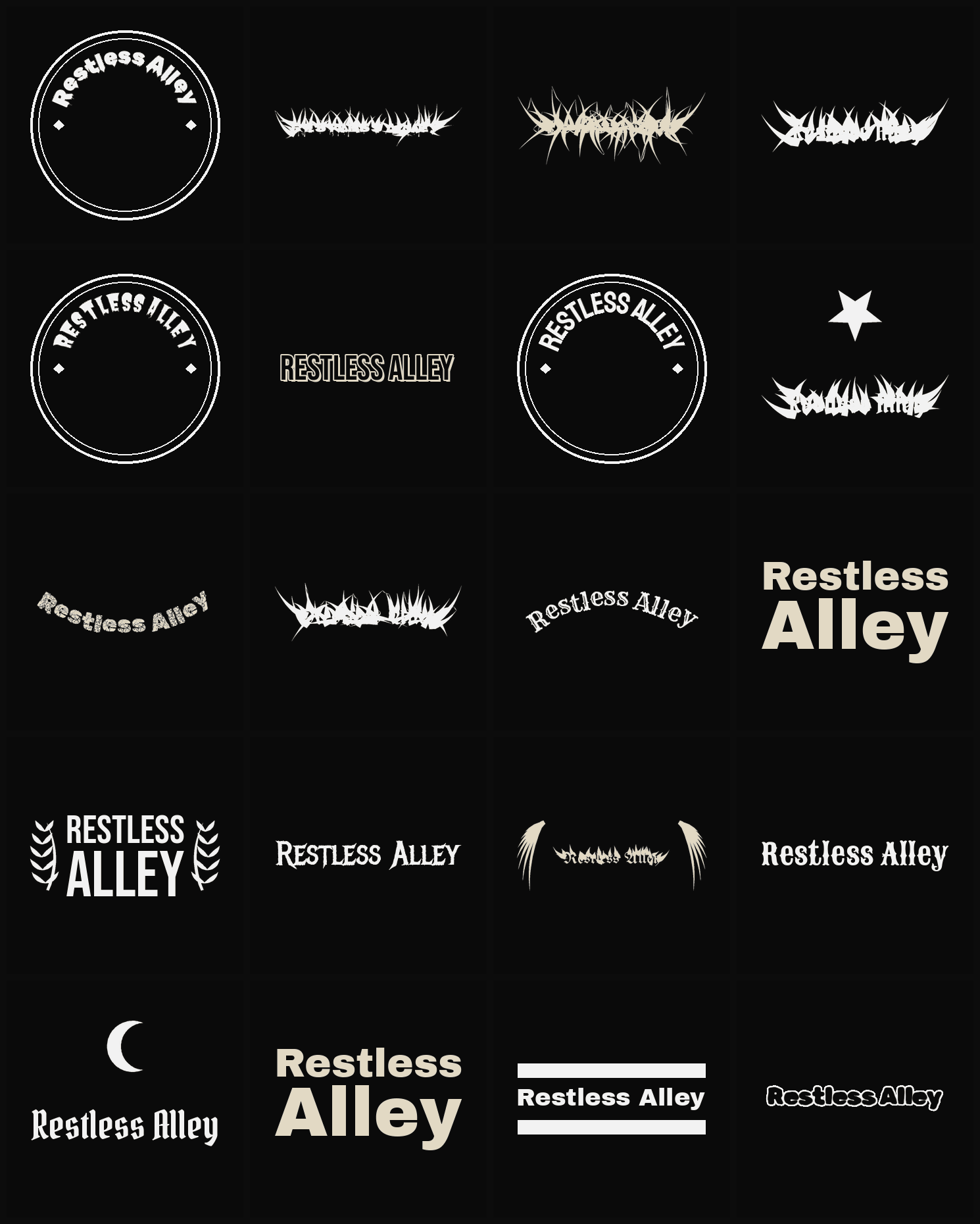 Twenty Restless Alley band logo ideas — different faces, treatments and spike settings