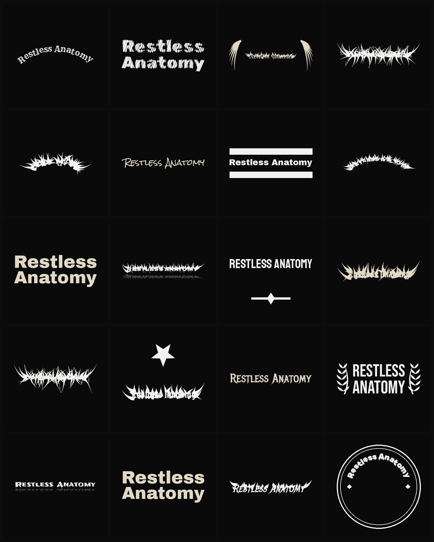 Twenty Restless Anatomy band logo ideas — different faces, treatments and spike settings