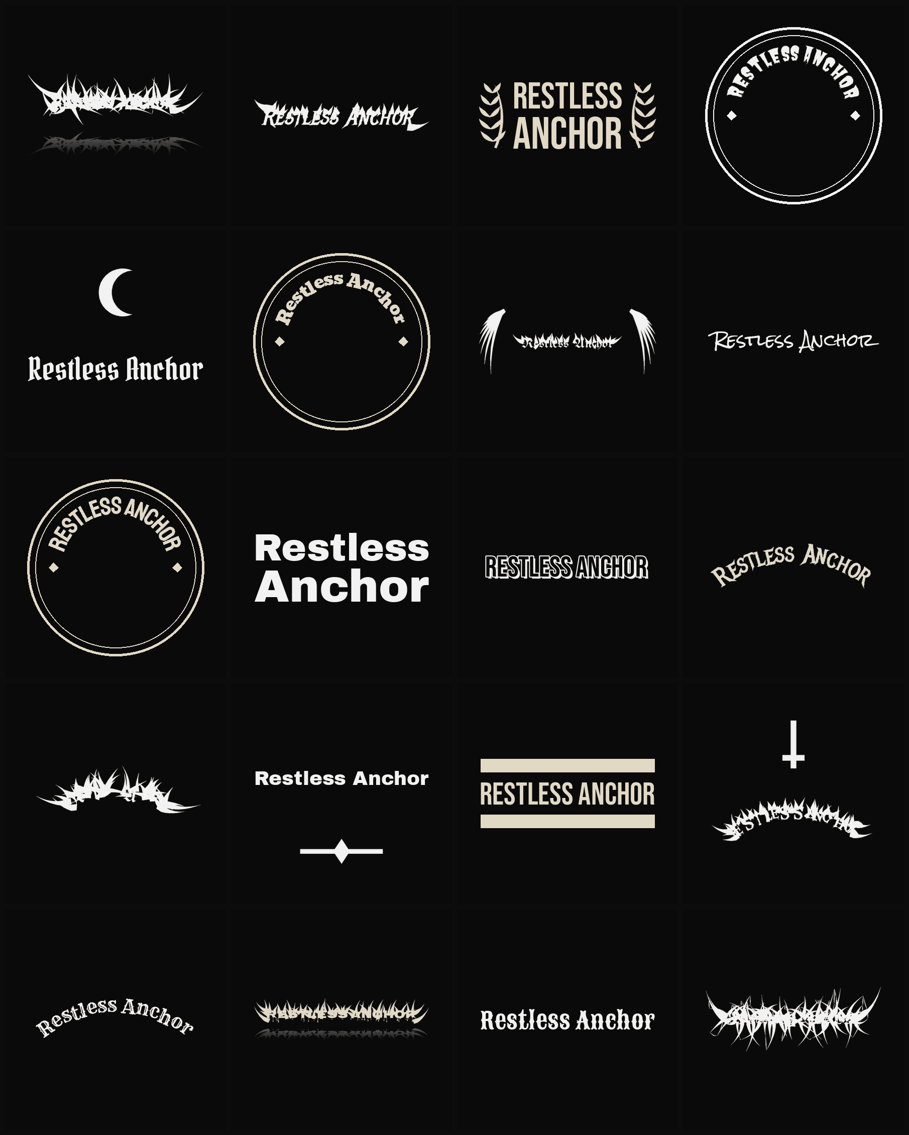 Twenty Restless Anchor band logo ideas — different faces, treatments and spike settings