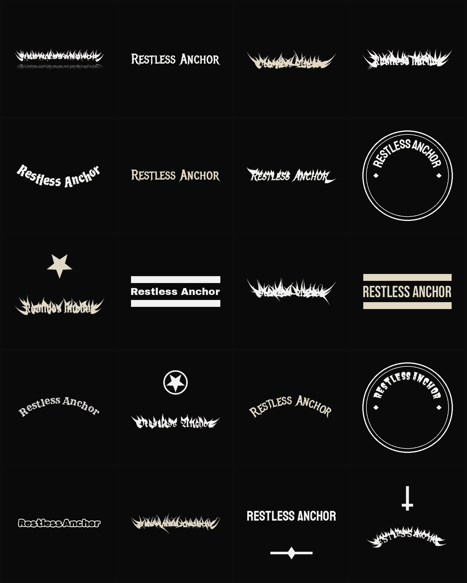 Twenty Restless Anchor band logo ideas — different faces, treatments and spike settings