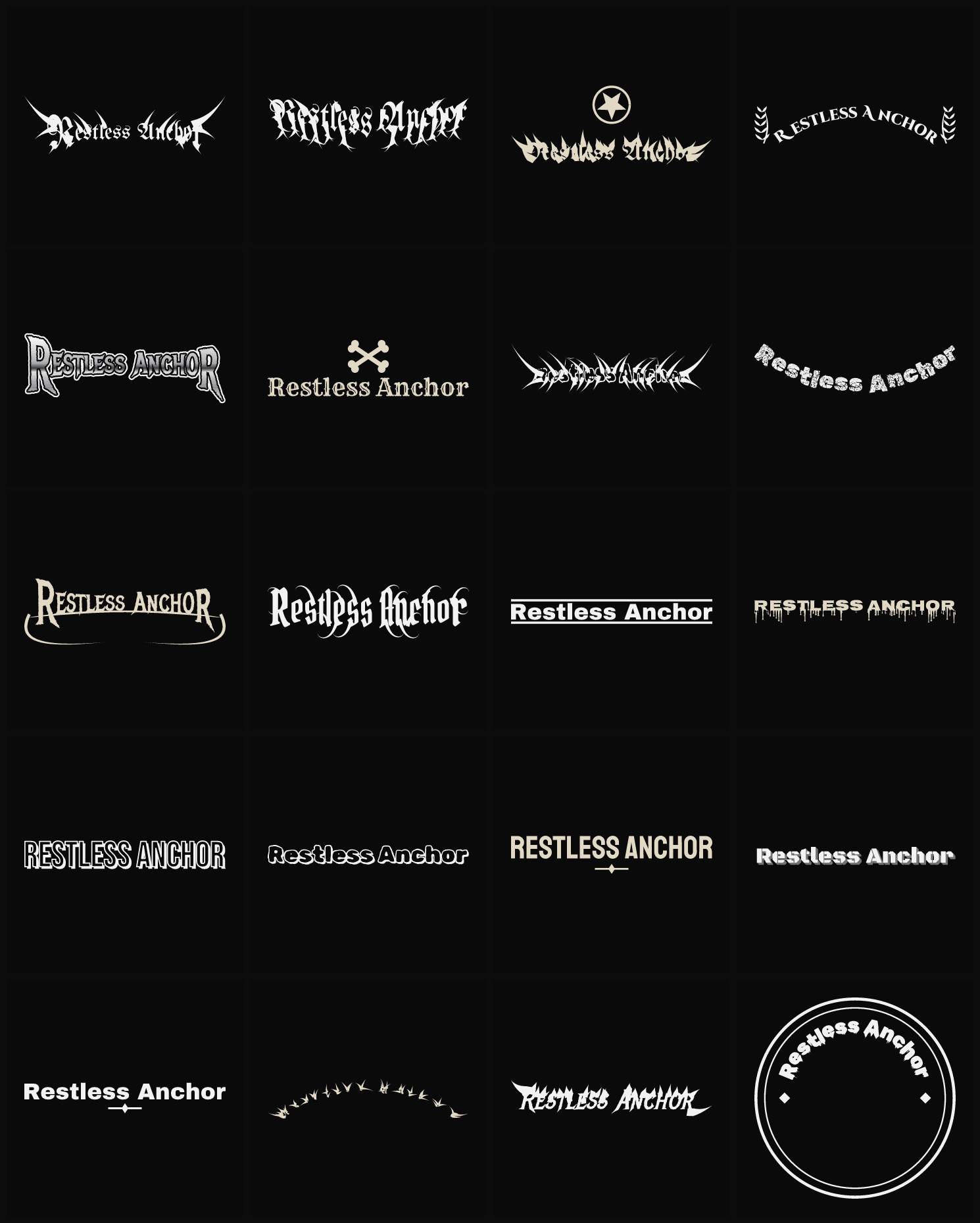 Twenty Restless Anchor band logo ideas — different faces, treatments and spike settings