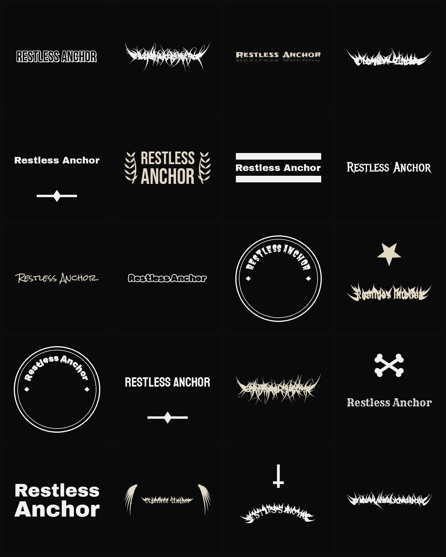 Twenty Restless Anchor band logo ideas — different faces, treatments and spike settings