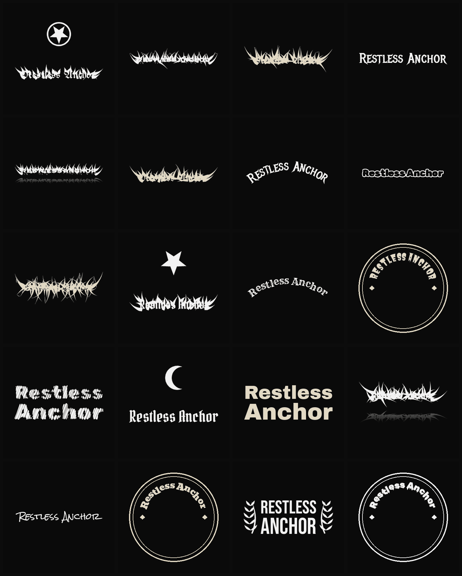 Twenty Restless Anchor band logo ideas — different faces, treatments and spike settings
