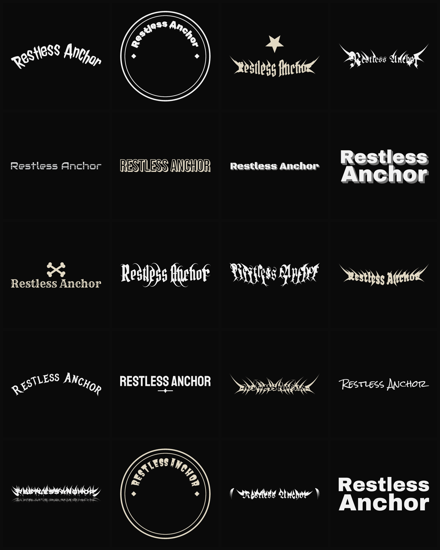 Twenty Restless Anchor band logo ideas — different faces, treatments and spike settings