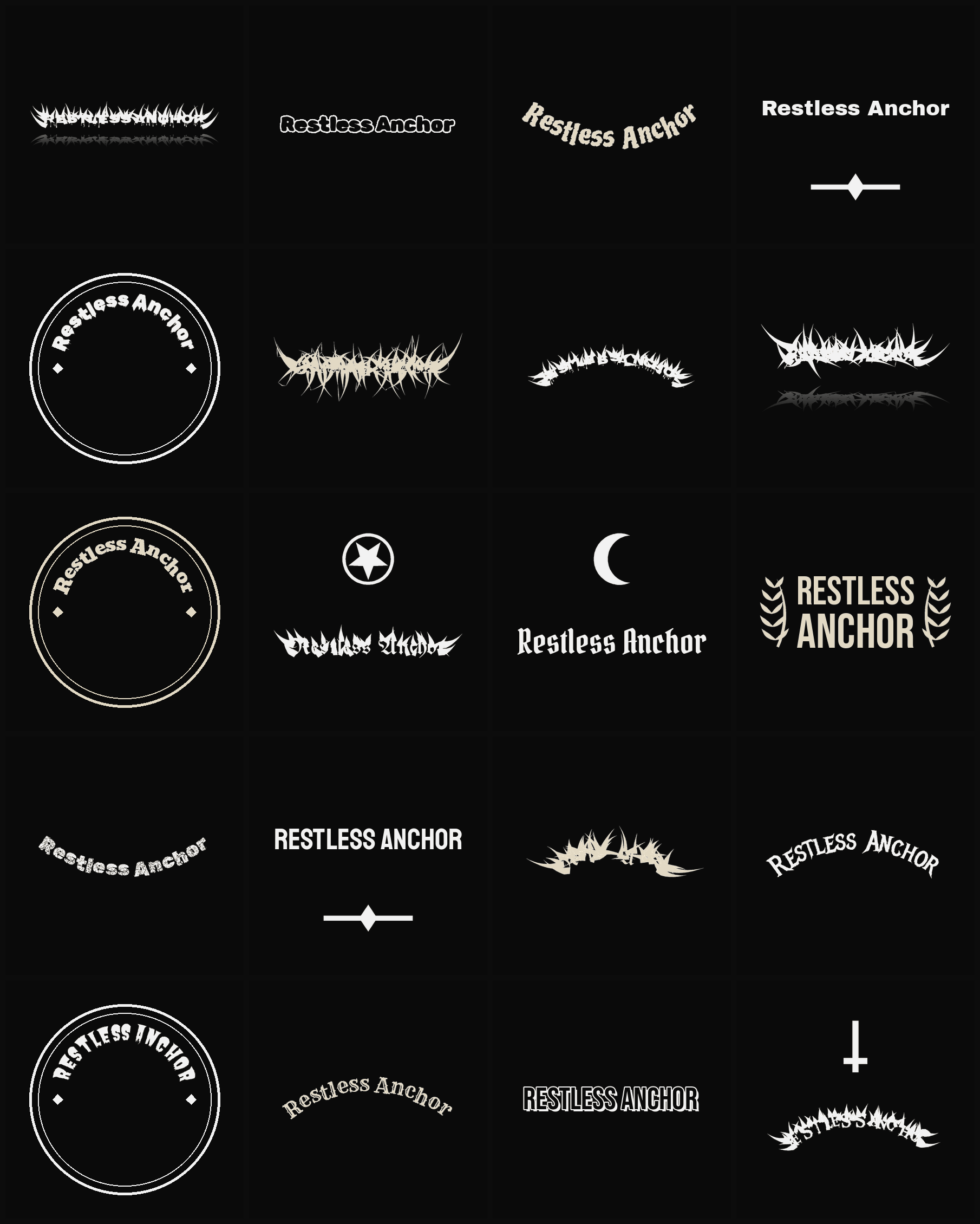 Twenty Restless Anchor band logo ideas — different faces, treatments and spike settings