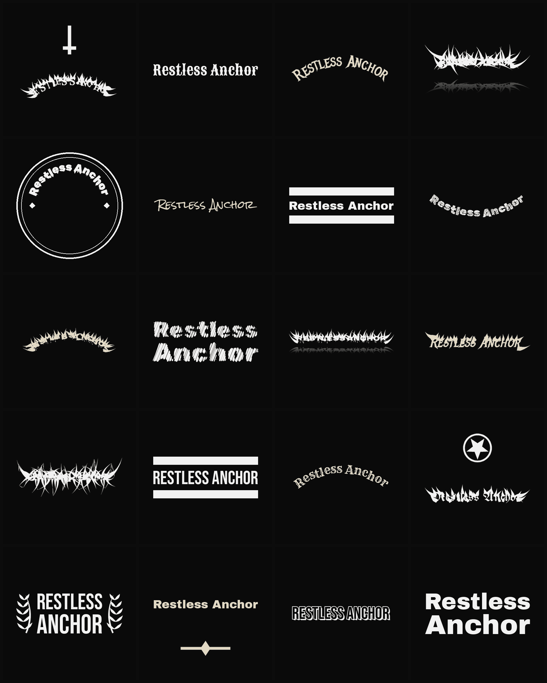 Twenty Restless Anchor band logo ideas — different faces, treatments and spike settings