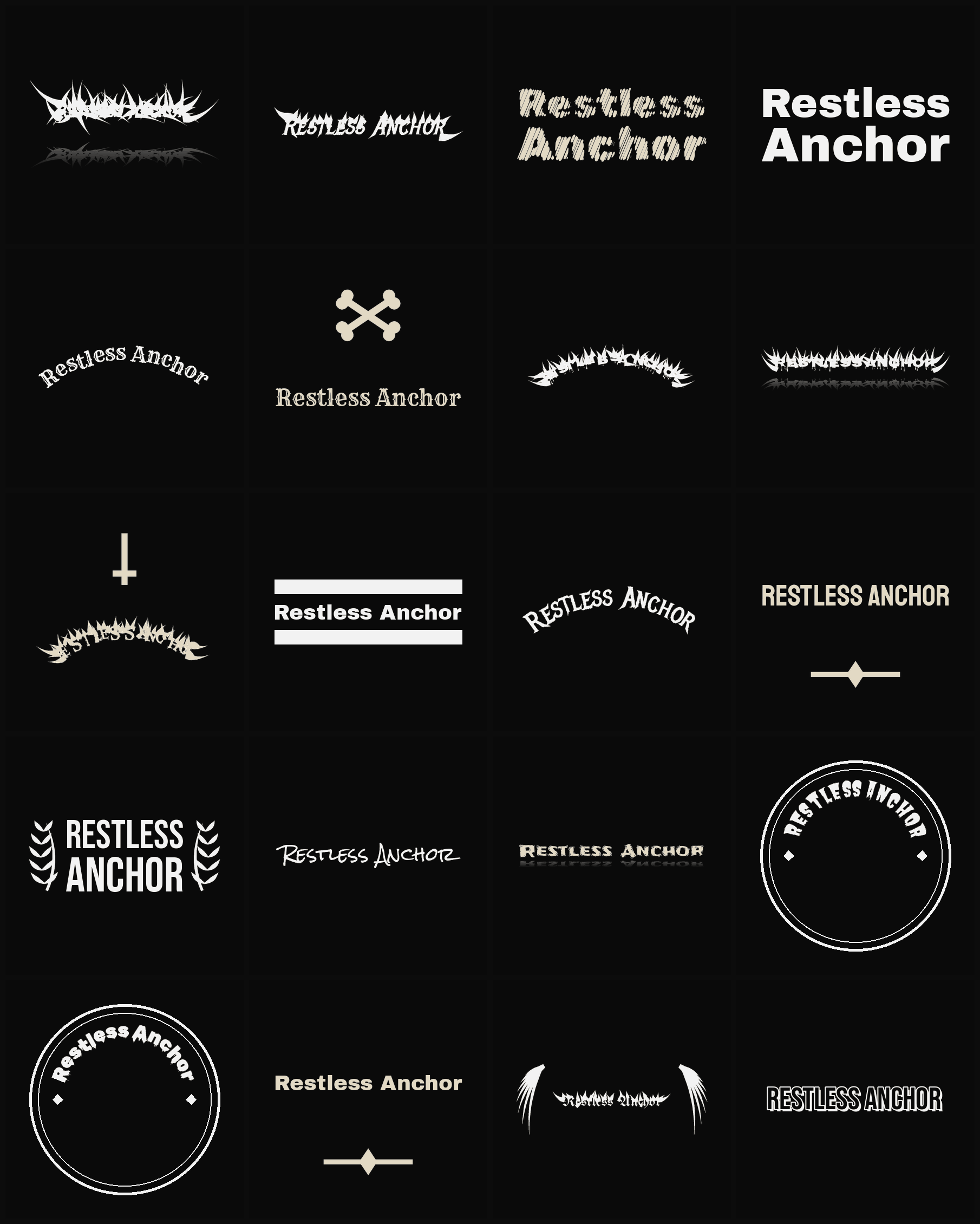 Twenty Restless Anchor band logo ideas — different faces, treatments and spike settings