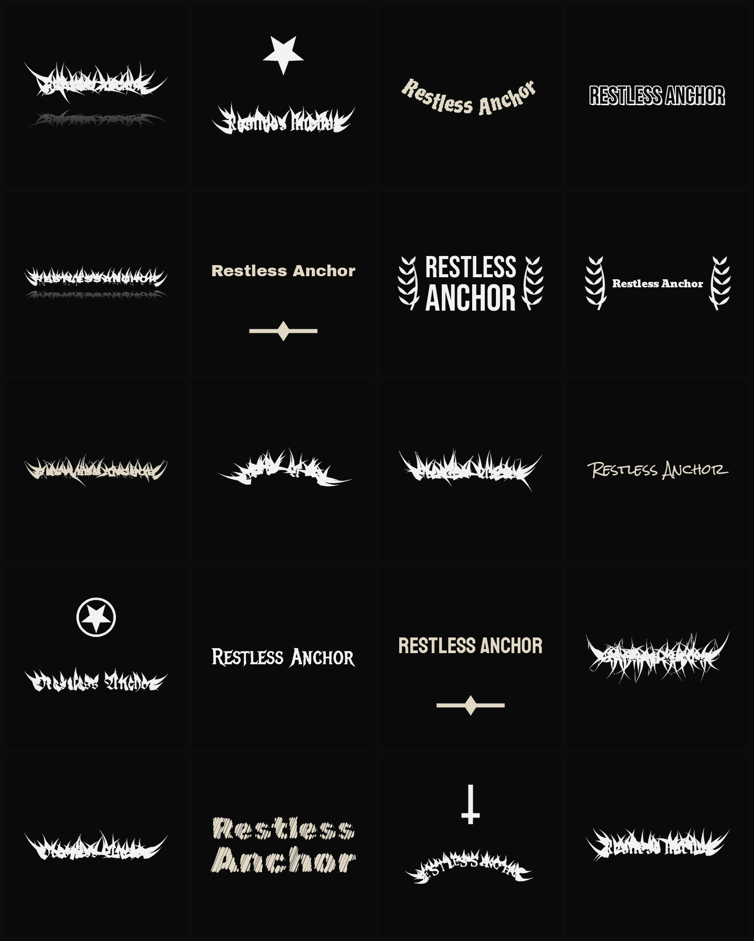 Twenty Restless Anchor band logo ideas — different faces, treatments and spike settings