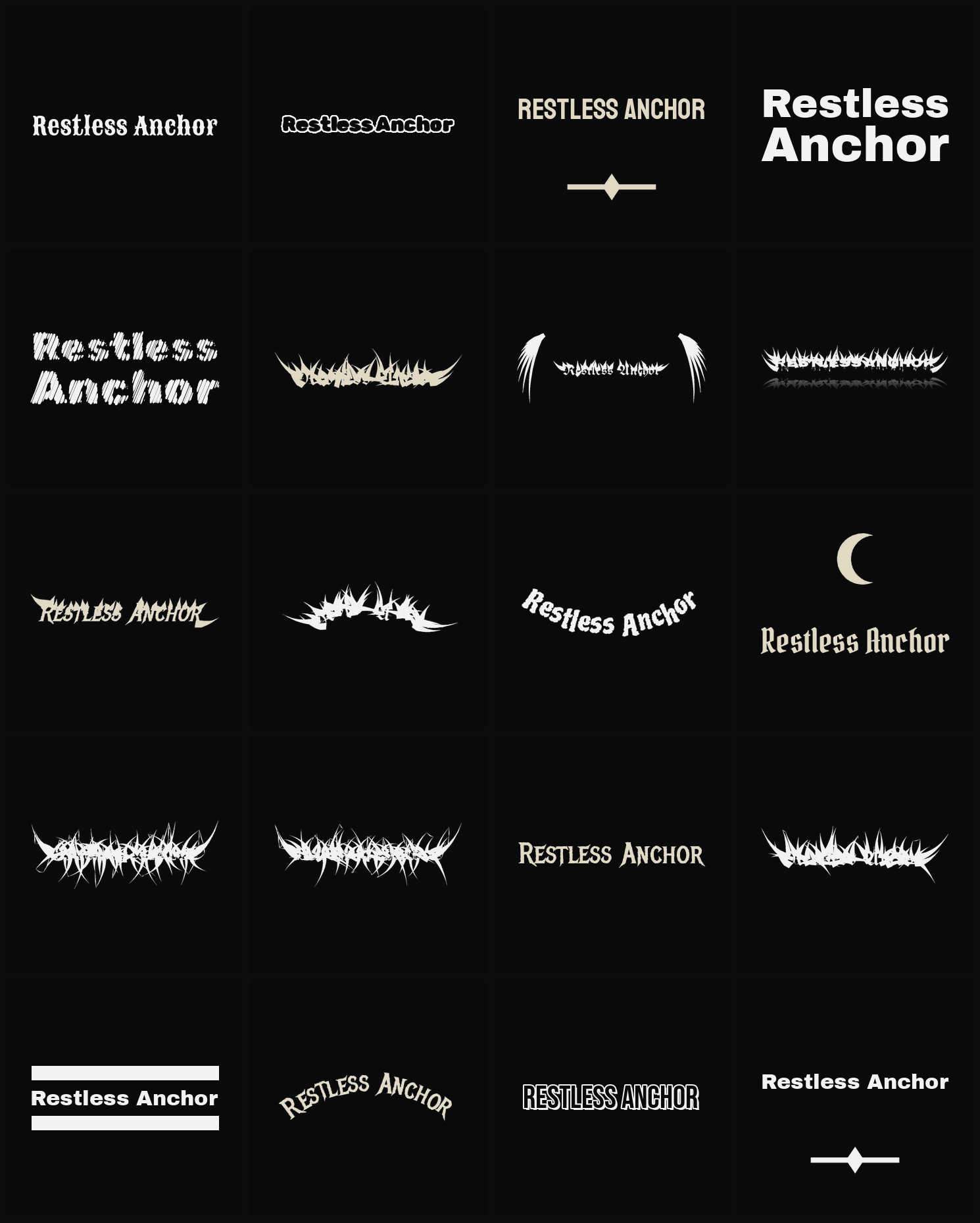 Twenty Restless Anchor band logo ideas — different faces, treatments and spike settings