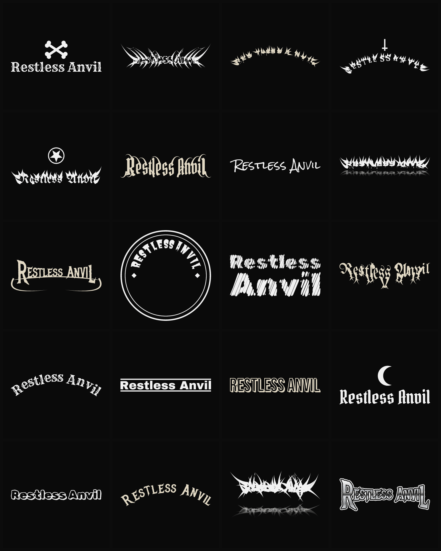 Twenty Restless Anvil band logo ideas — different faces, treatments and spike settings