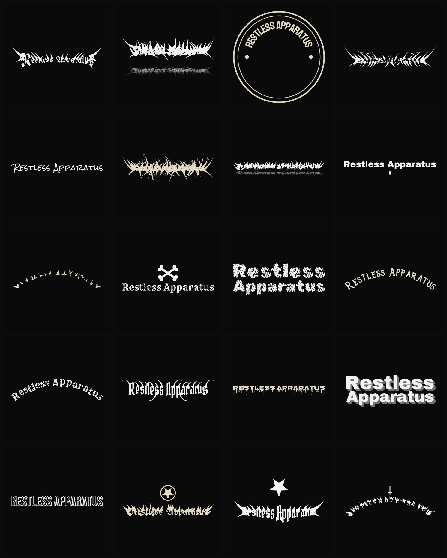 Twenty Restless Apparatus band logo ideas — different faces, treatments and spike settings
