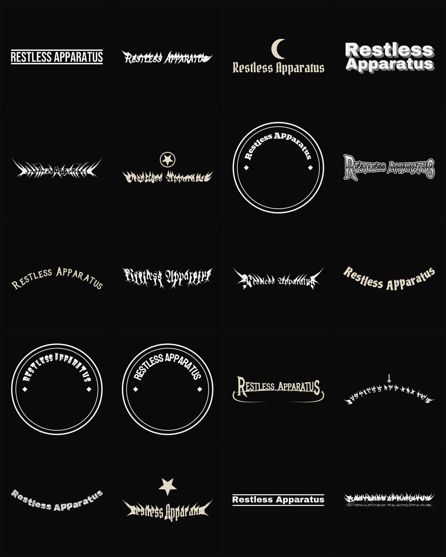 Twenty Restless Apparatus band logo ideas — different faces, treatments and spike settings