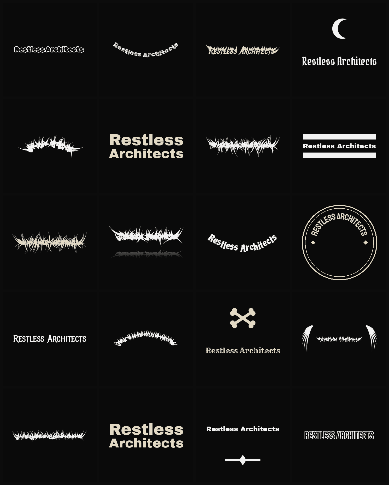 Twenty Restless Architects band logo ideas — different faces, treatments and spike settings