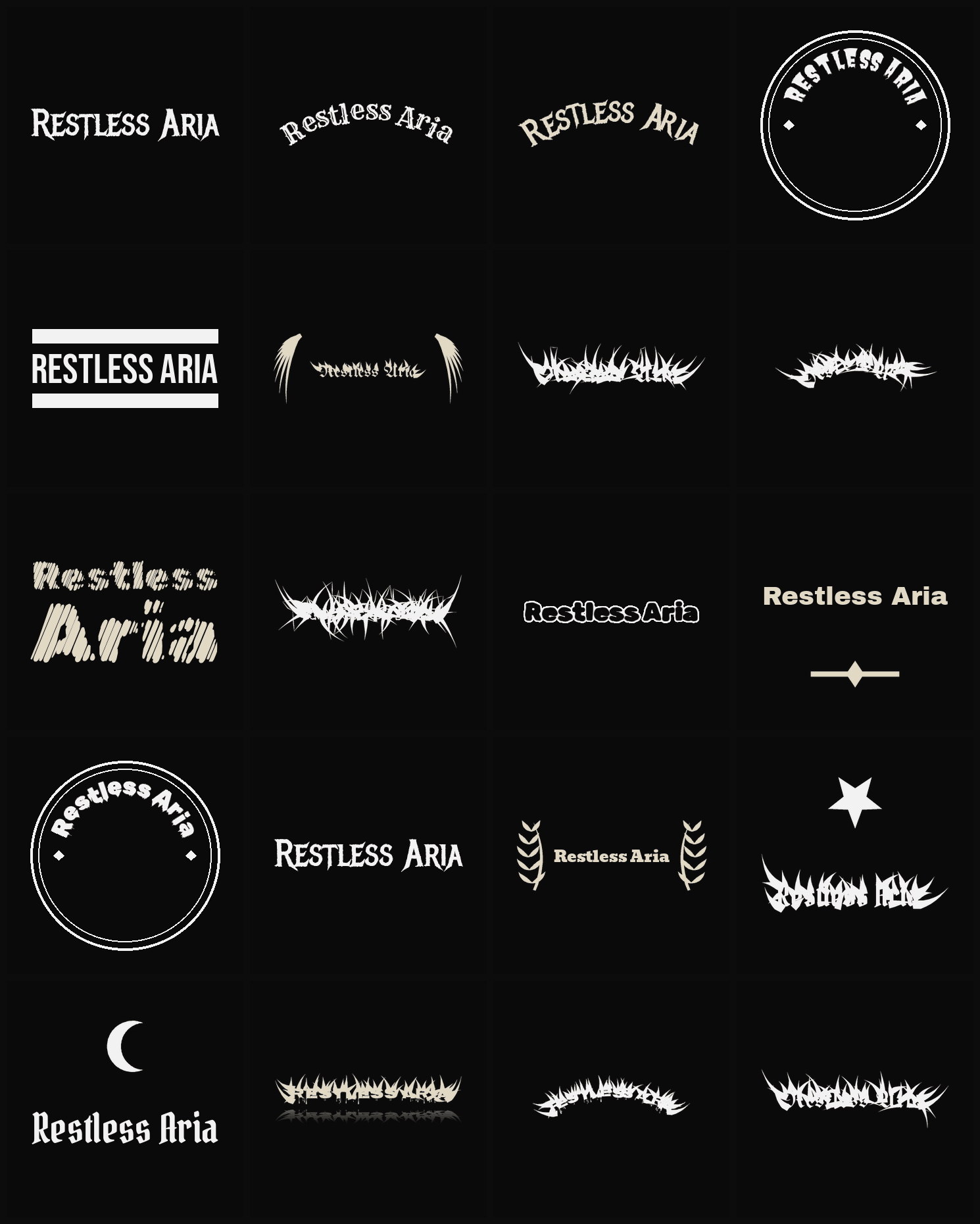 Twenty Restless Aria band logo ideas — different faces, treatments and spike settings