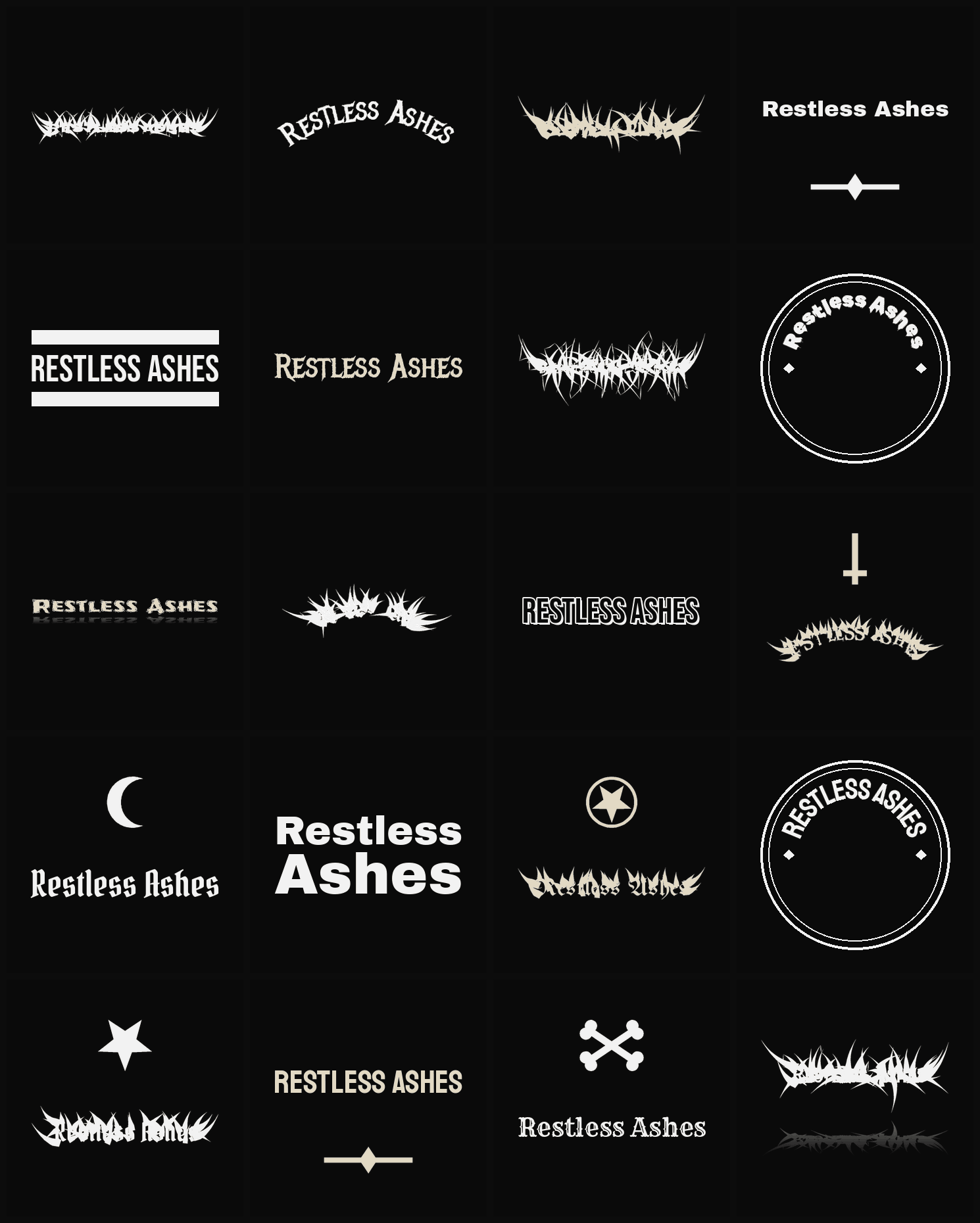 Twenty Restless Ashes band logo ideas — different faces, treatments and spike settings