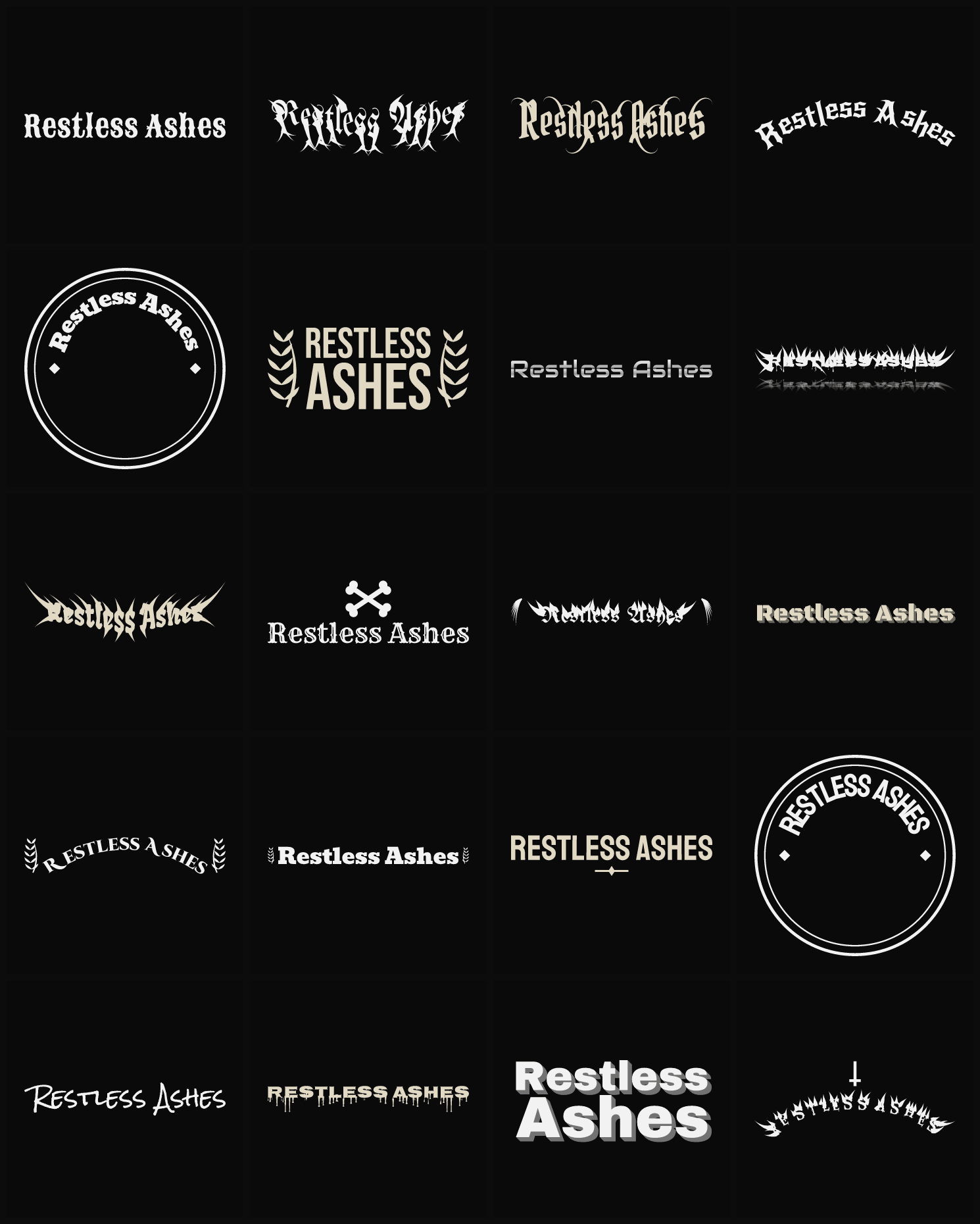 Twenty Restless Ashes band logo ideas — different faces, treatments and spike settings