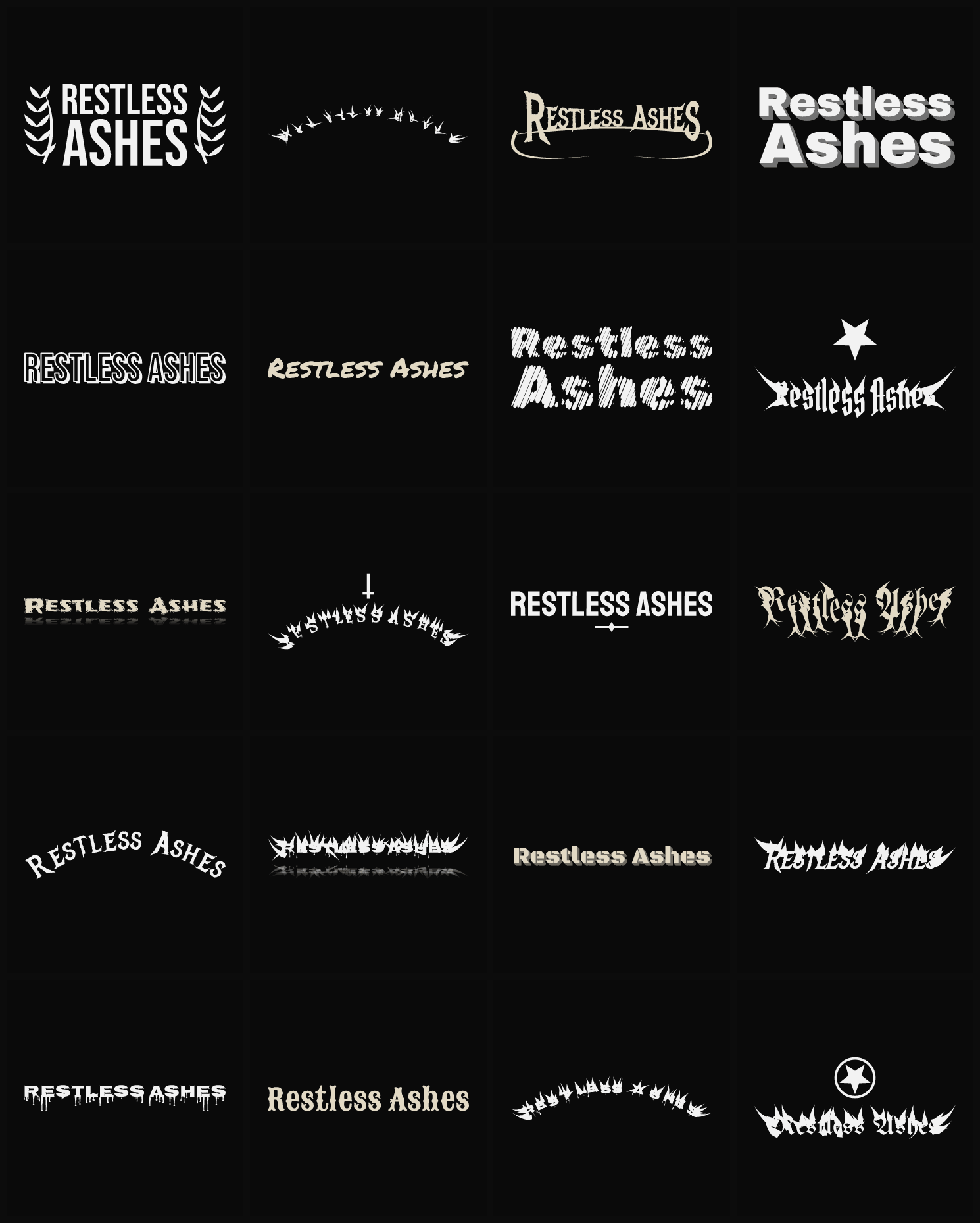 Twenty Restless Ashes band logo ideas — different faces, treatments and spike settings
