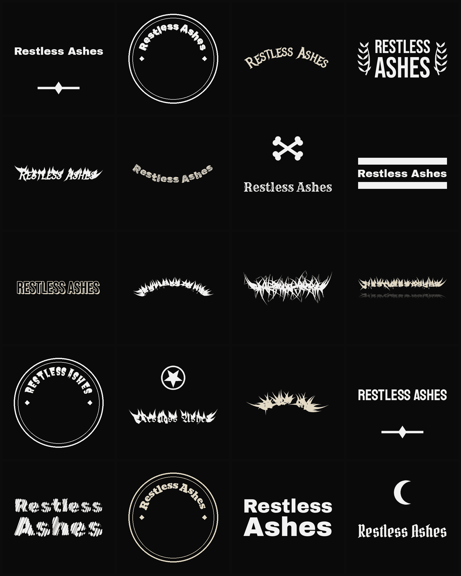 Twenty Restless Ashes band logo ideas — different faces, treatments and spike settings