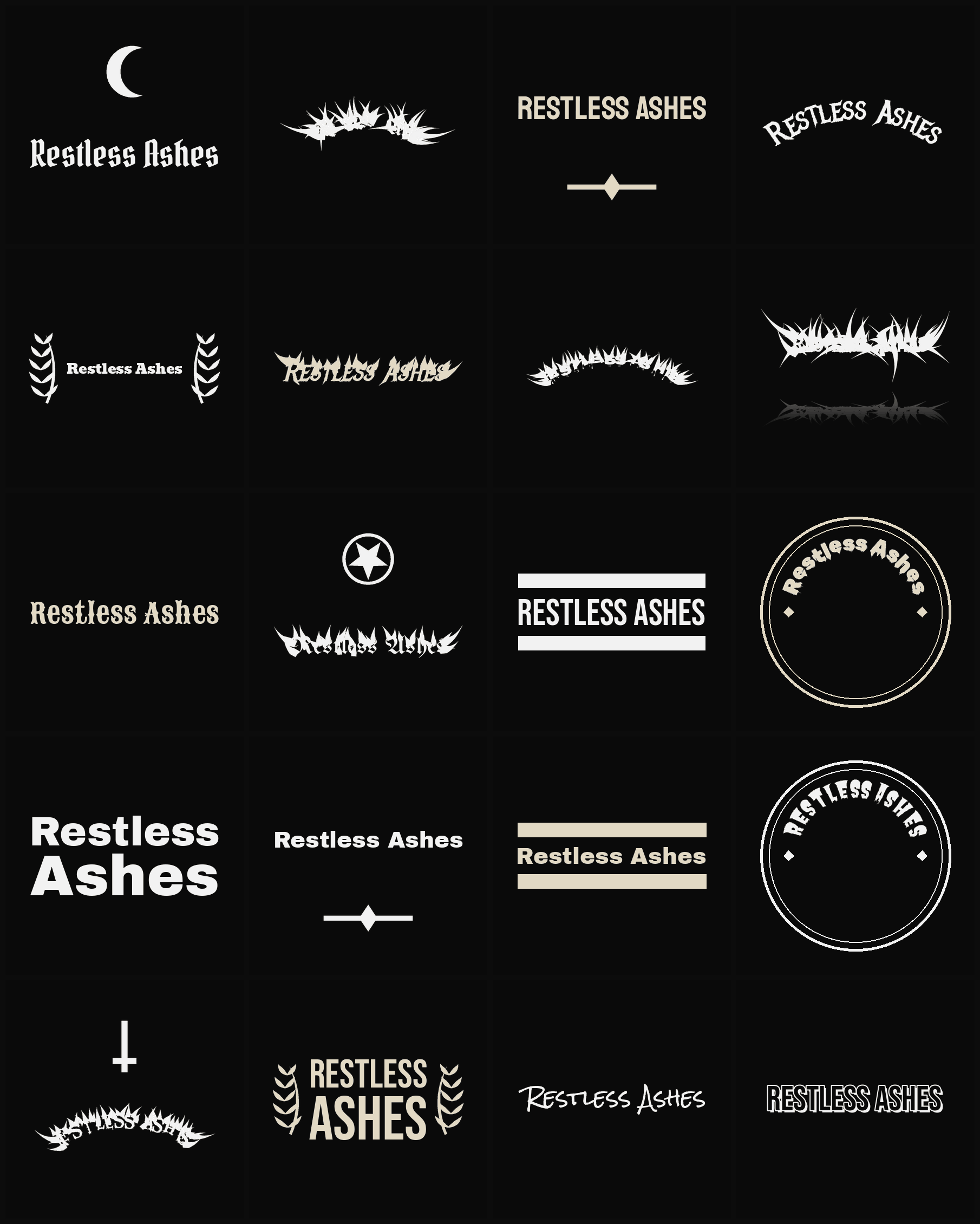 Twenty Restless Ashes band logo ideas — different faces, treatments and spike settings
