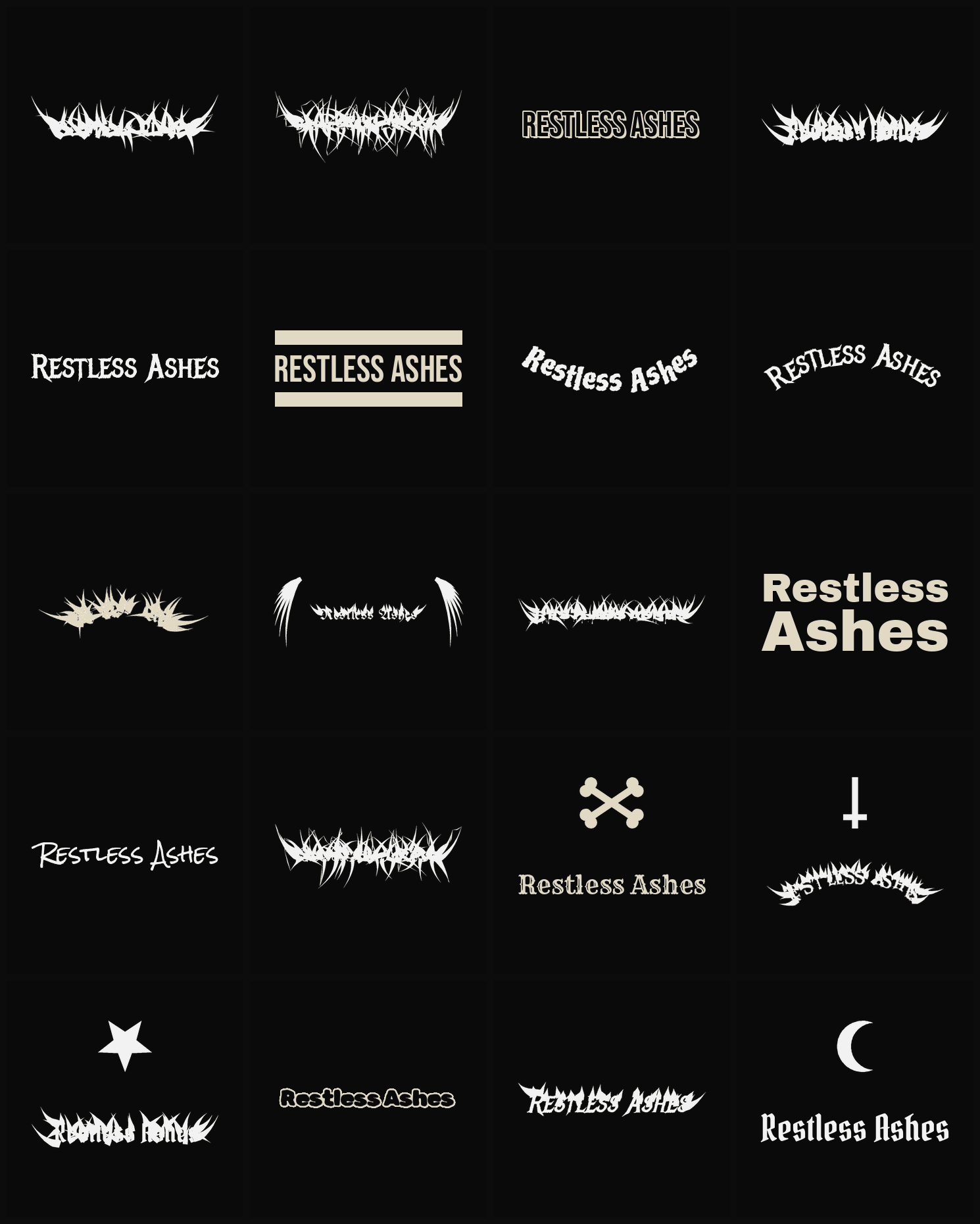Twenty Restless Ashes band logo ideas — different faces, treatments and spike settings