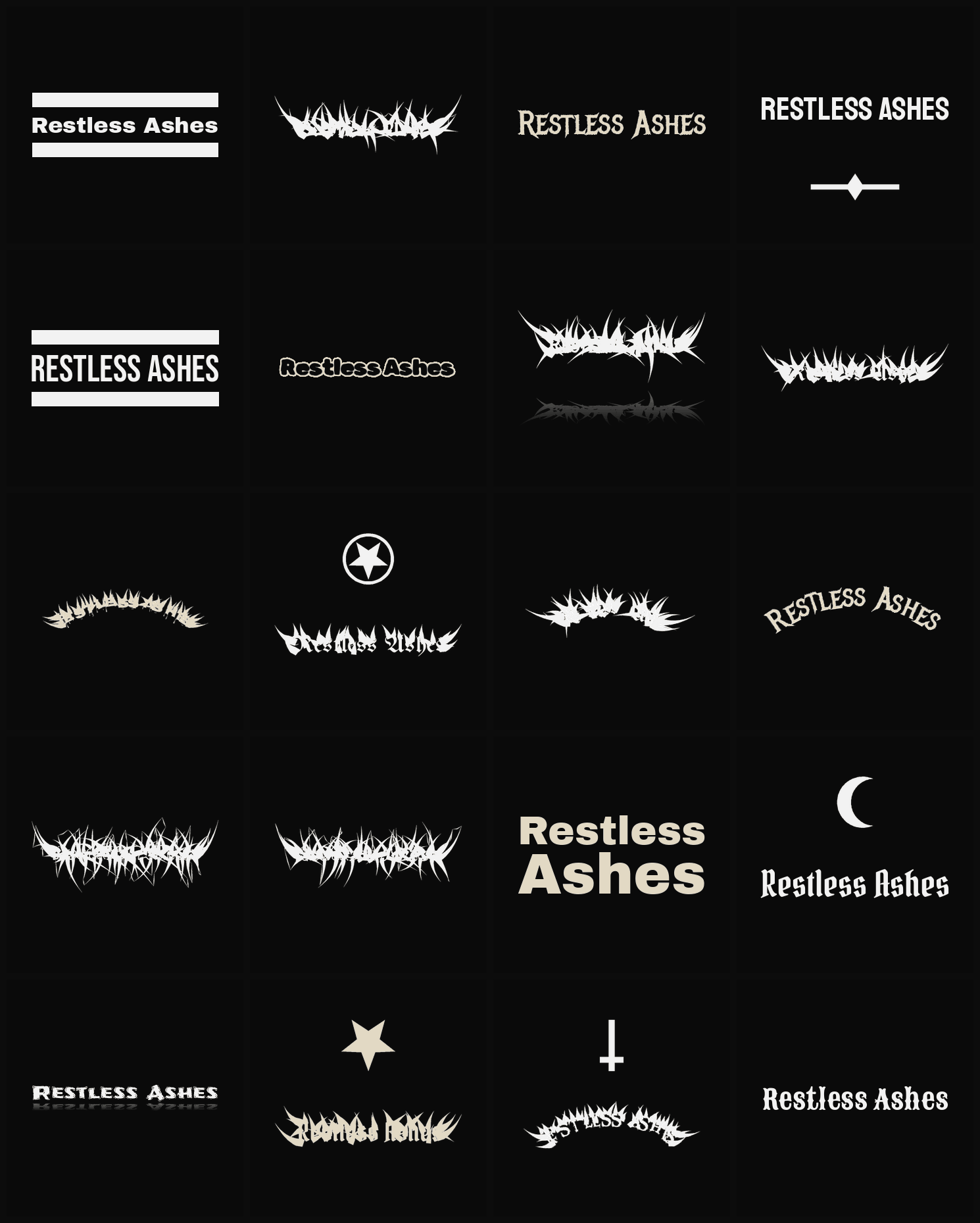 Twenty Restless Ashes band logo ideas — different faces, treatments and spike settings