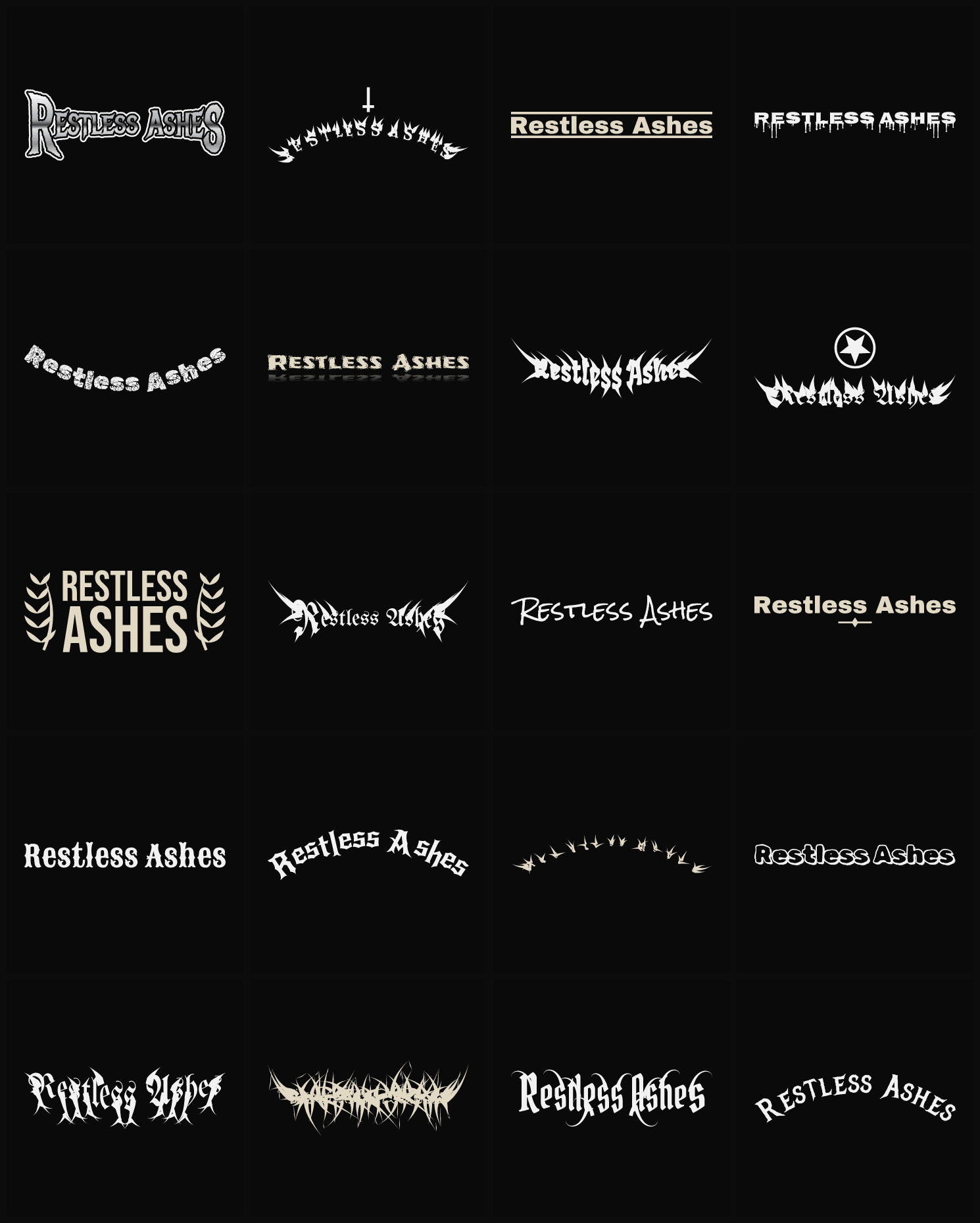 Twenty Restless Ashes band logo ideas — different faces, treatments and spike settings