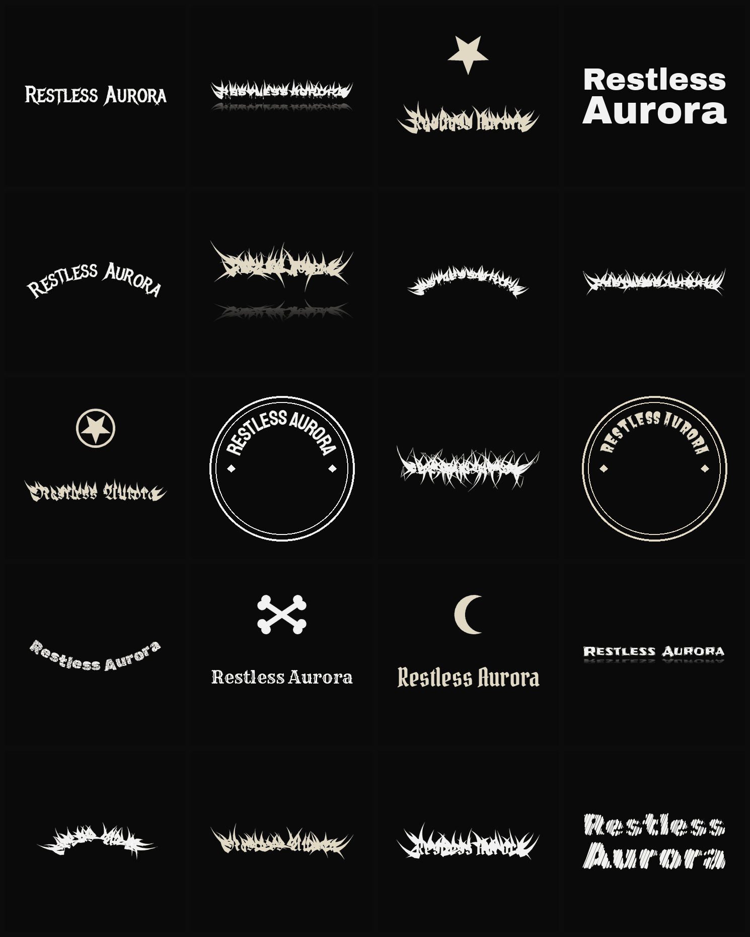 Twenty Restless Aurora band logo ideas — different faces, treatments and spike settings